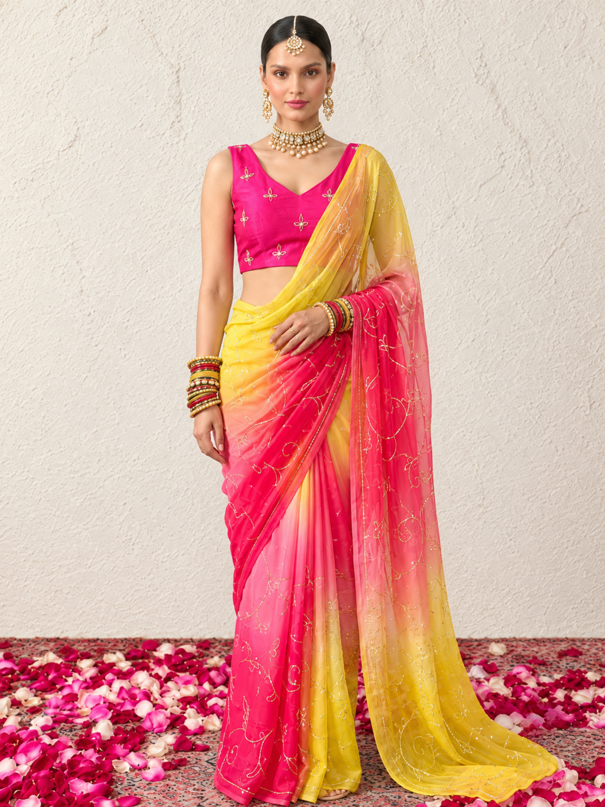 Yellow, Pink and Coral Pure Silk Chiffon Ombre Saree with Cut Dana Jaal Hand Embroidery and Pure Crepe Blouse Fabric