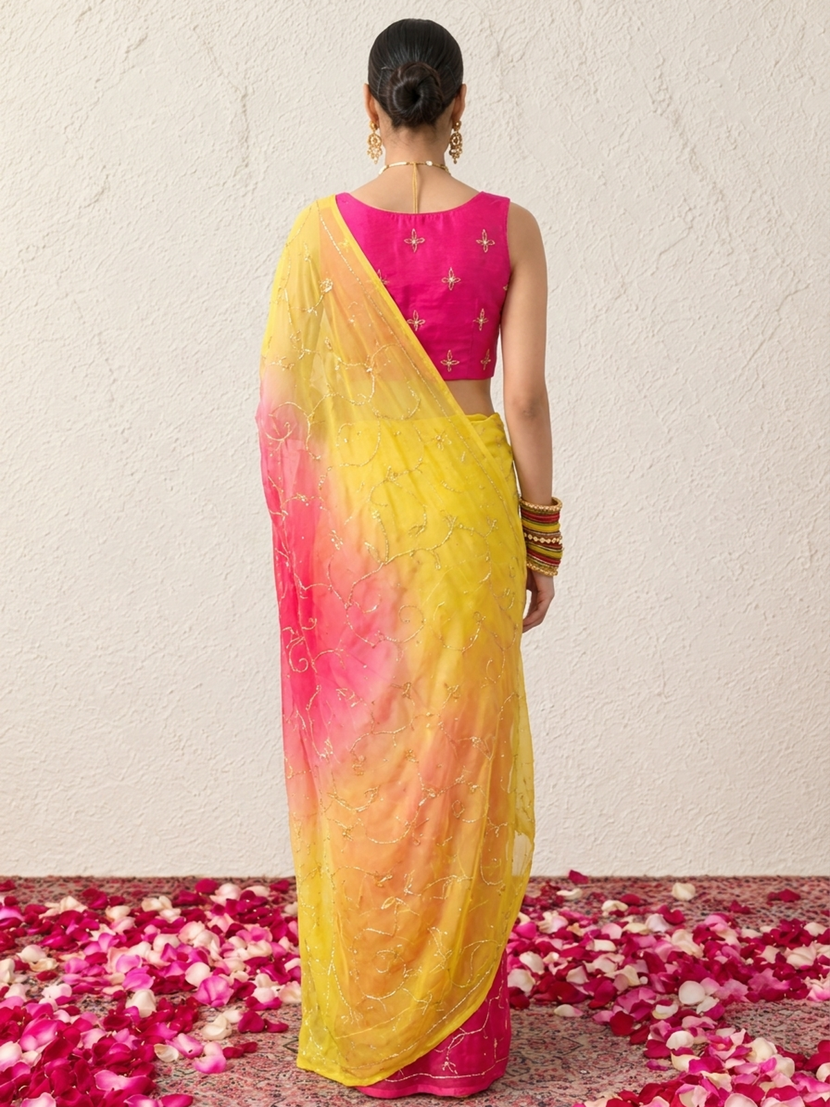 Yellow, Pink and Coral Pure Silk Chiffon Ombre Saree with Cut Dana Jaal Hand Embroidery and Pure Crepe Blouse Fabric