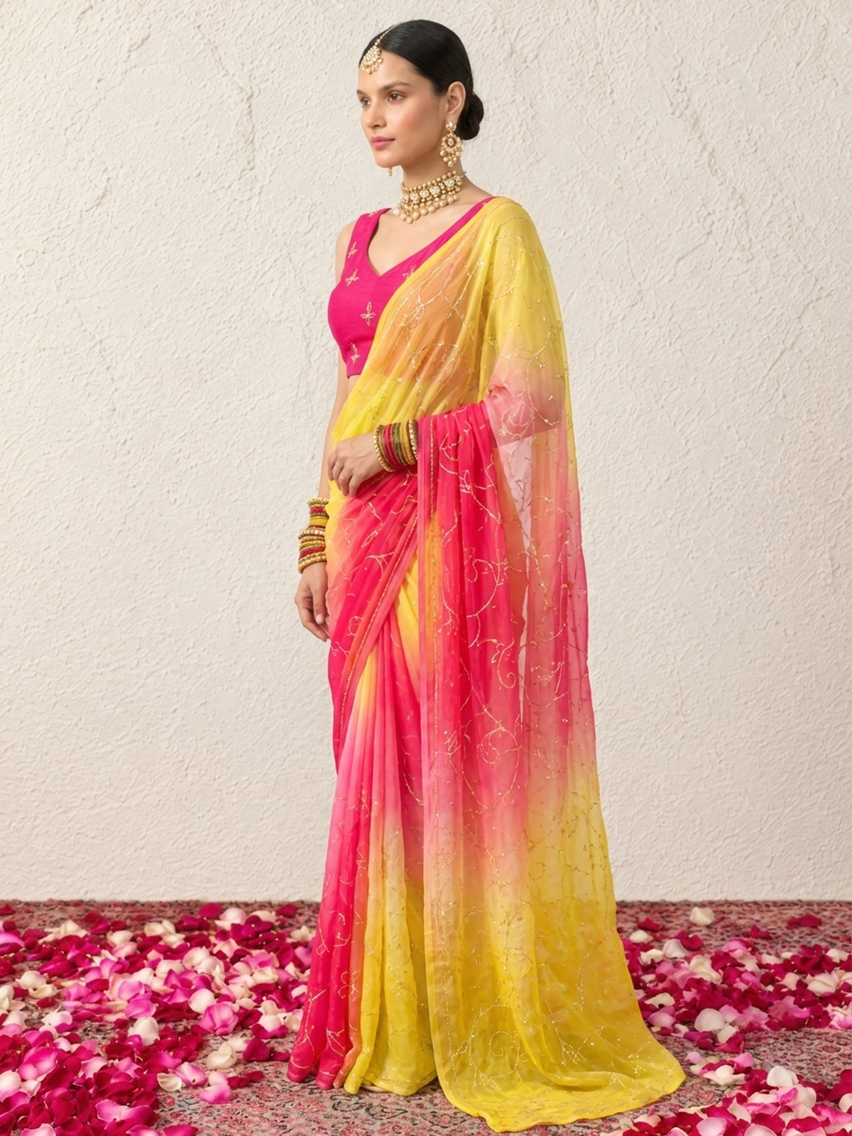 Yellow, Pink and Coral Pure Silk Chiffon Ombre Saree with Cut Dana Jaal Hand Embroidery and Pure Crepe Blouse Fabric