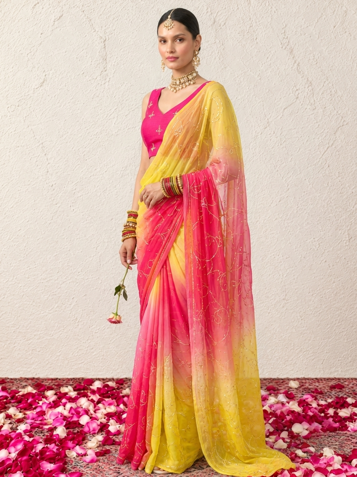 Yellow, Pink and Coral Pure Silk Chiffon Ombre Saree with Cut Dana Jaal Hand Embroidery and Pure Crepe Blouse Fabric