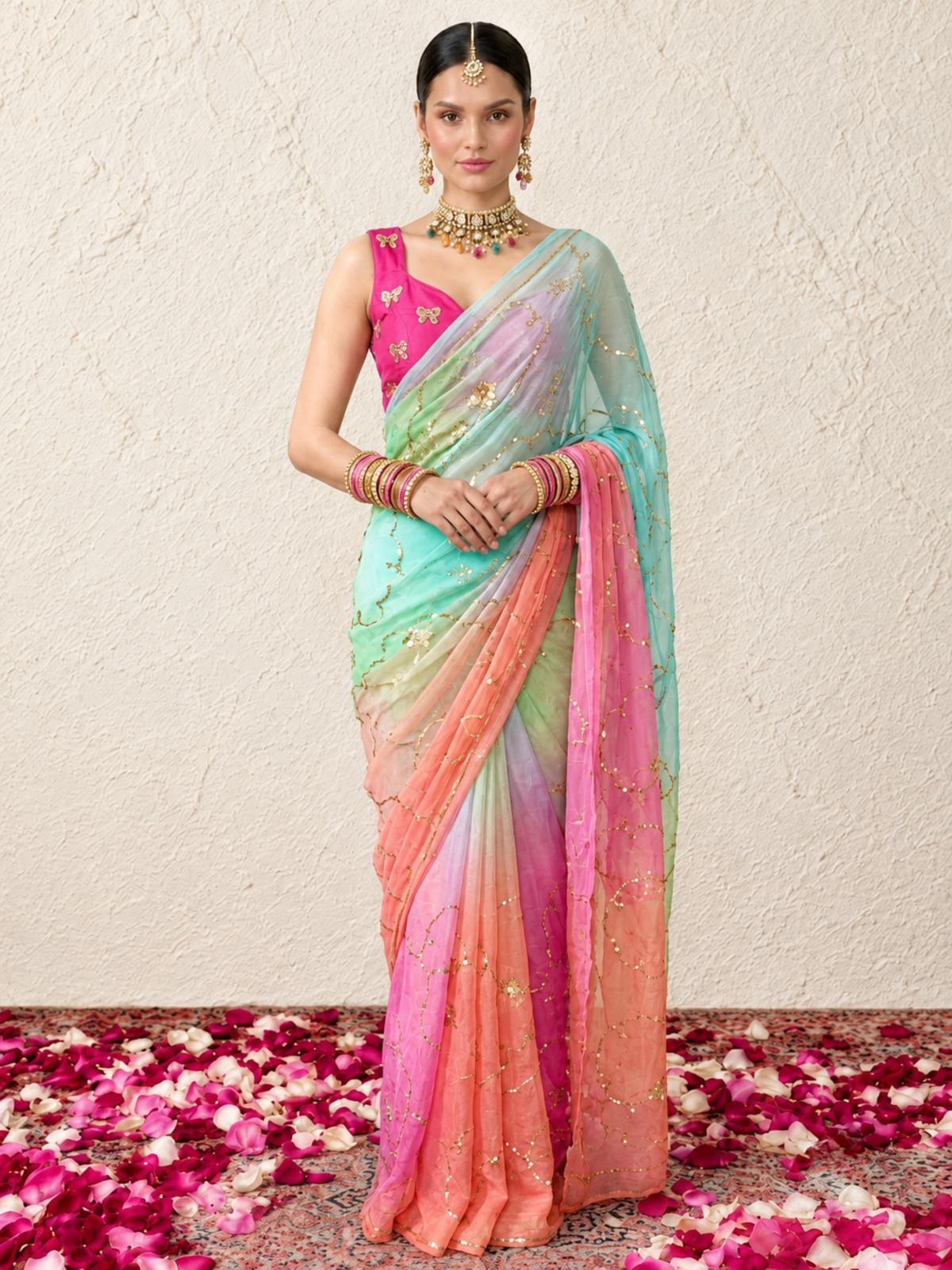 Pink and Blue Ombre Pure Silk Chiffon Gold Taari Jaal Saree with Crepe Blouse Fabric