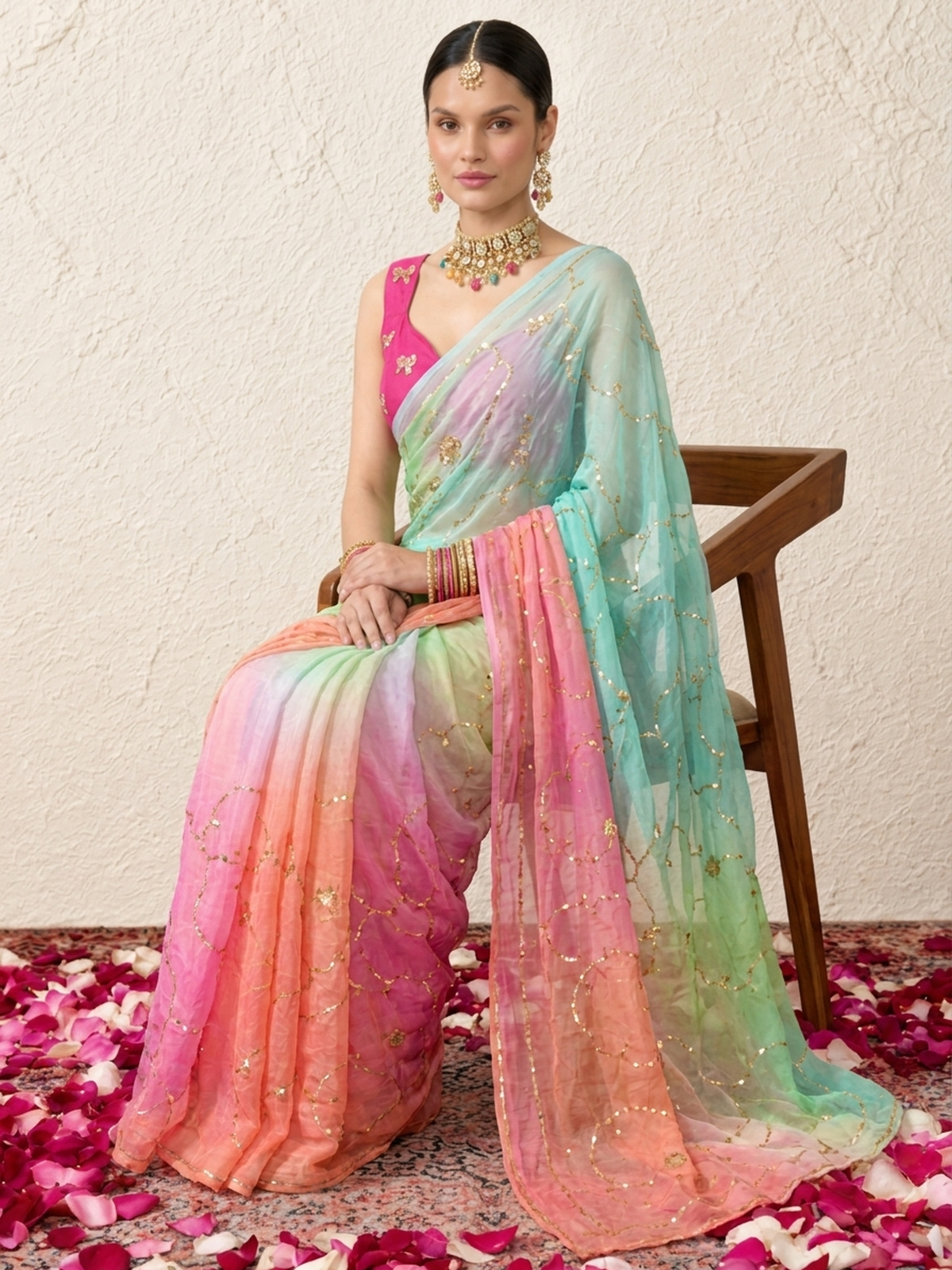 Pink and Blue Ombre Pure Silk Chiffon Gold Taari Jaal Saree with Crepe Blouse Fabric