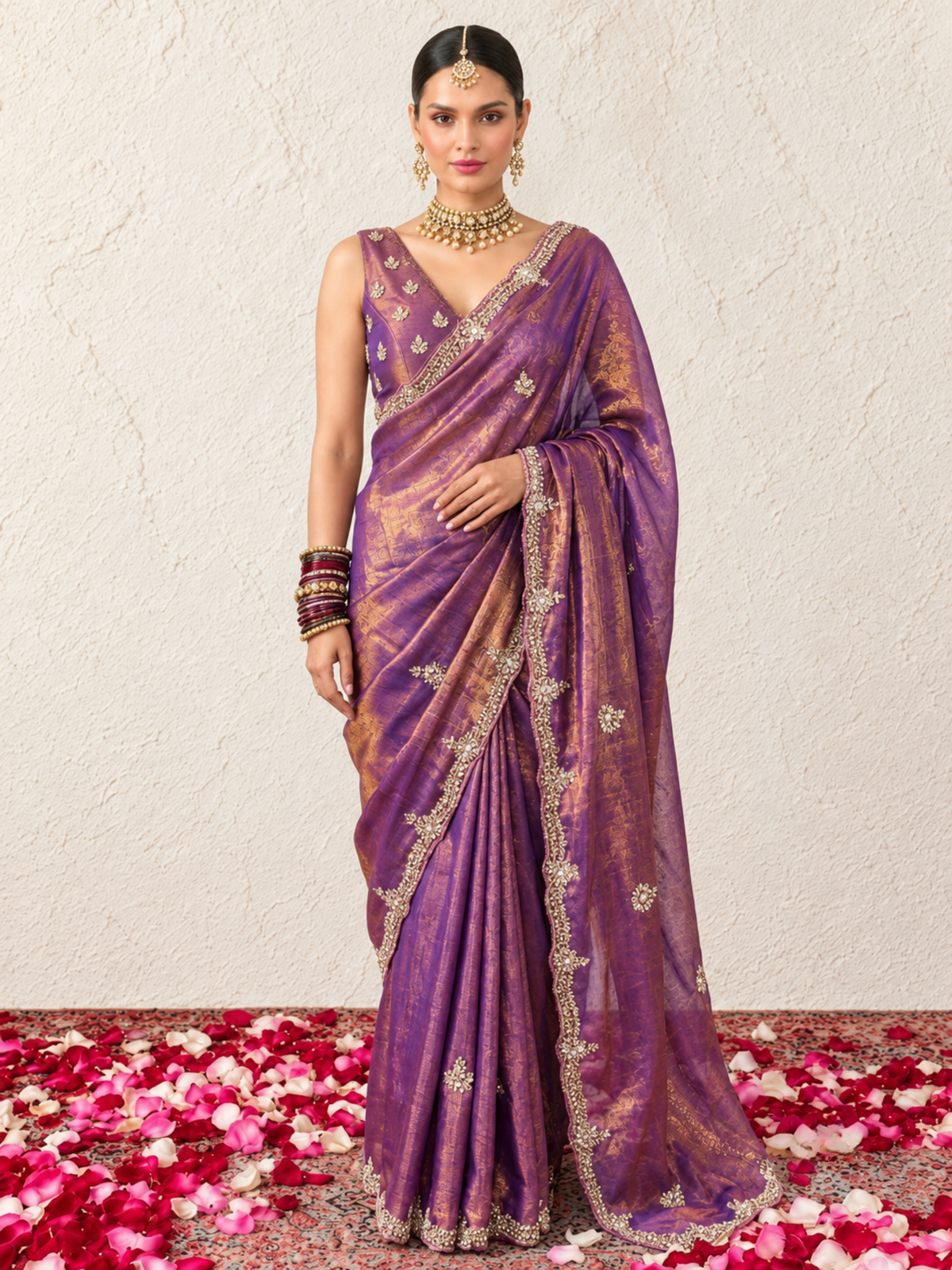Lilac and Bronze Edge Scallop Hand Beaded Satin Metallic Saree with Beaded Blouse Fabric
