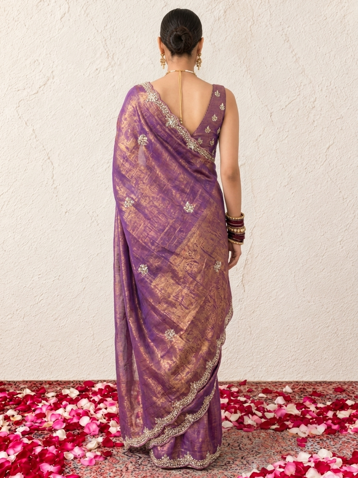 Lilac and Bronze Edge Scallop Hand Beaded Satin Metallic Saree with Beaded Blouse Fabric