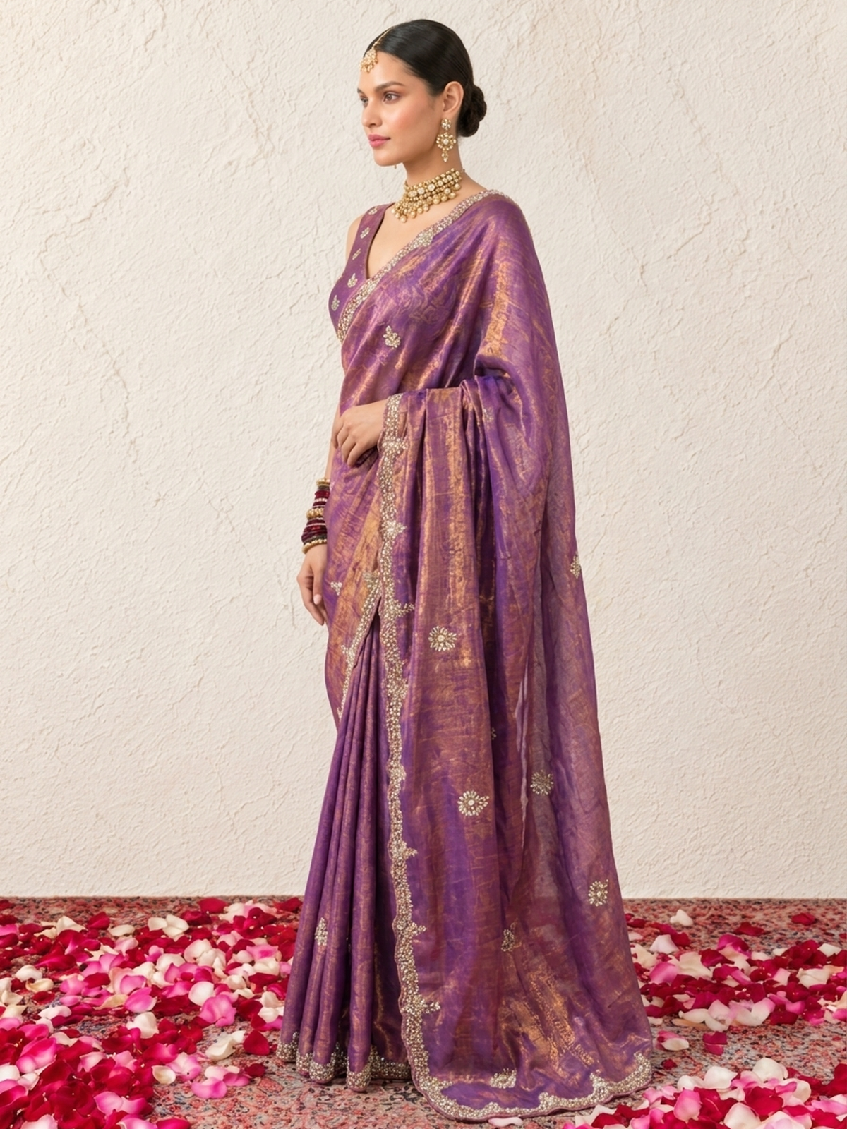Lilac and Bronze Edge Scallop Hand Beaded Satin Metallic Saree with Beaded Blouse Fabric