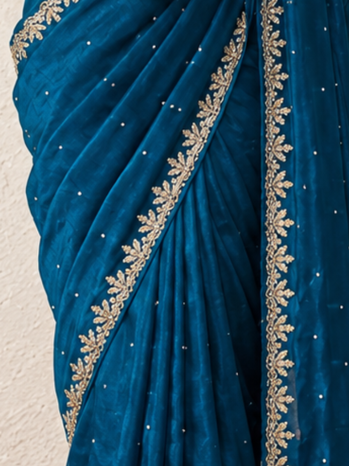 Blue Hand Beaded Satin Metallic Edge Scallop Saree with Beaded Blouse Fabric