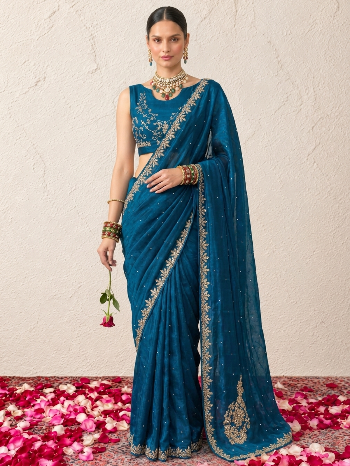 Blue Hand Beaded Satin Metallic Edge Scallop Saree with Beaded Blouse Fabric
