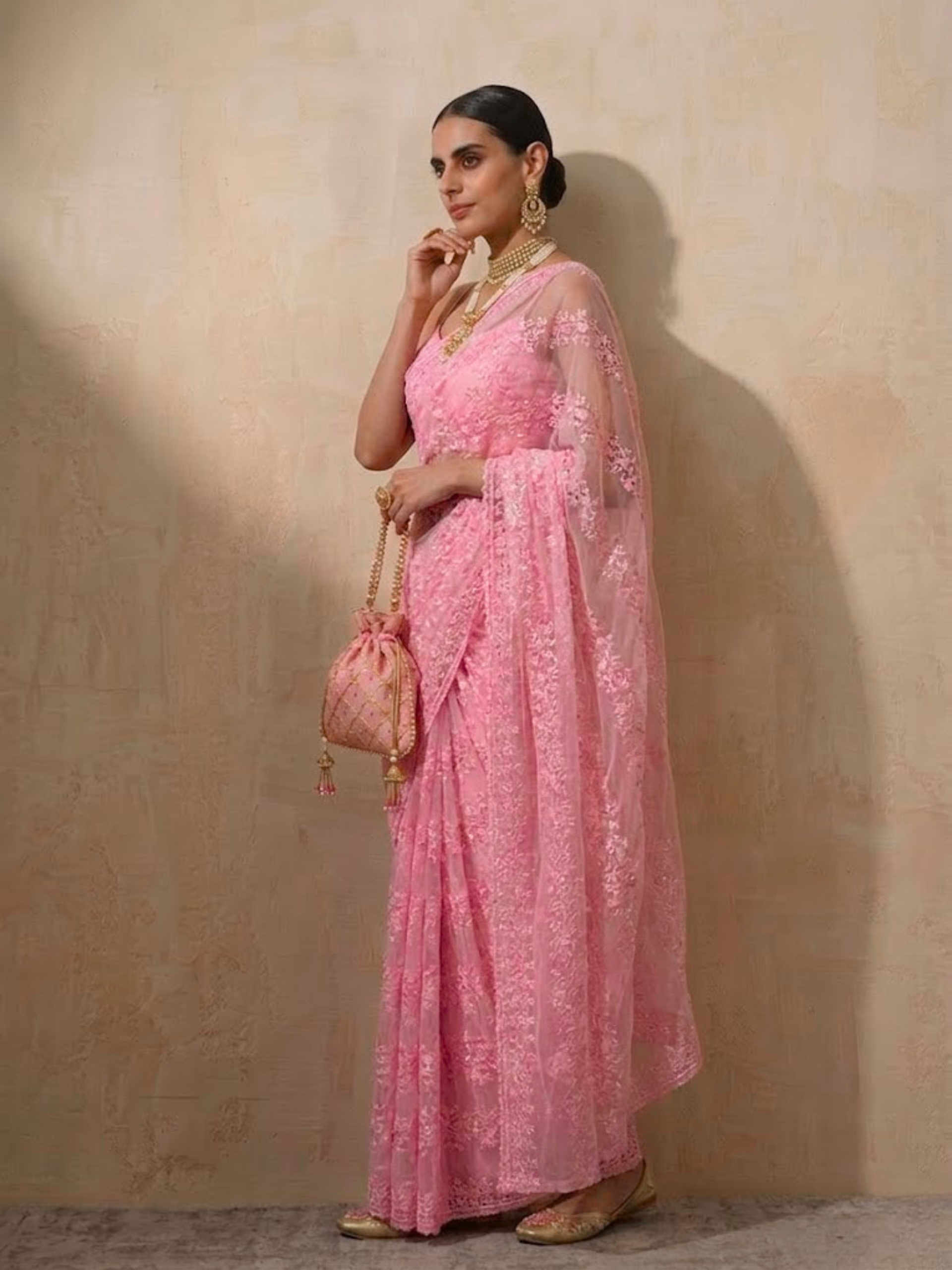 Blush Pink Stripe Lace Saree with Sequin and Blouse Fabric
