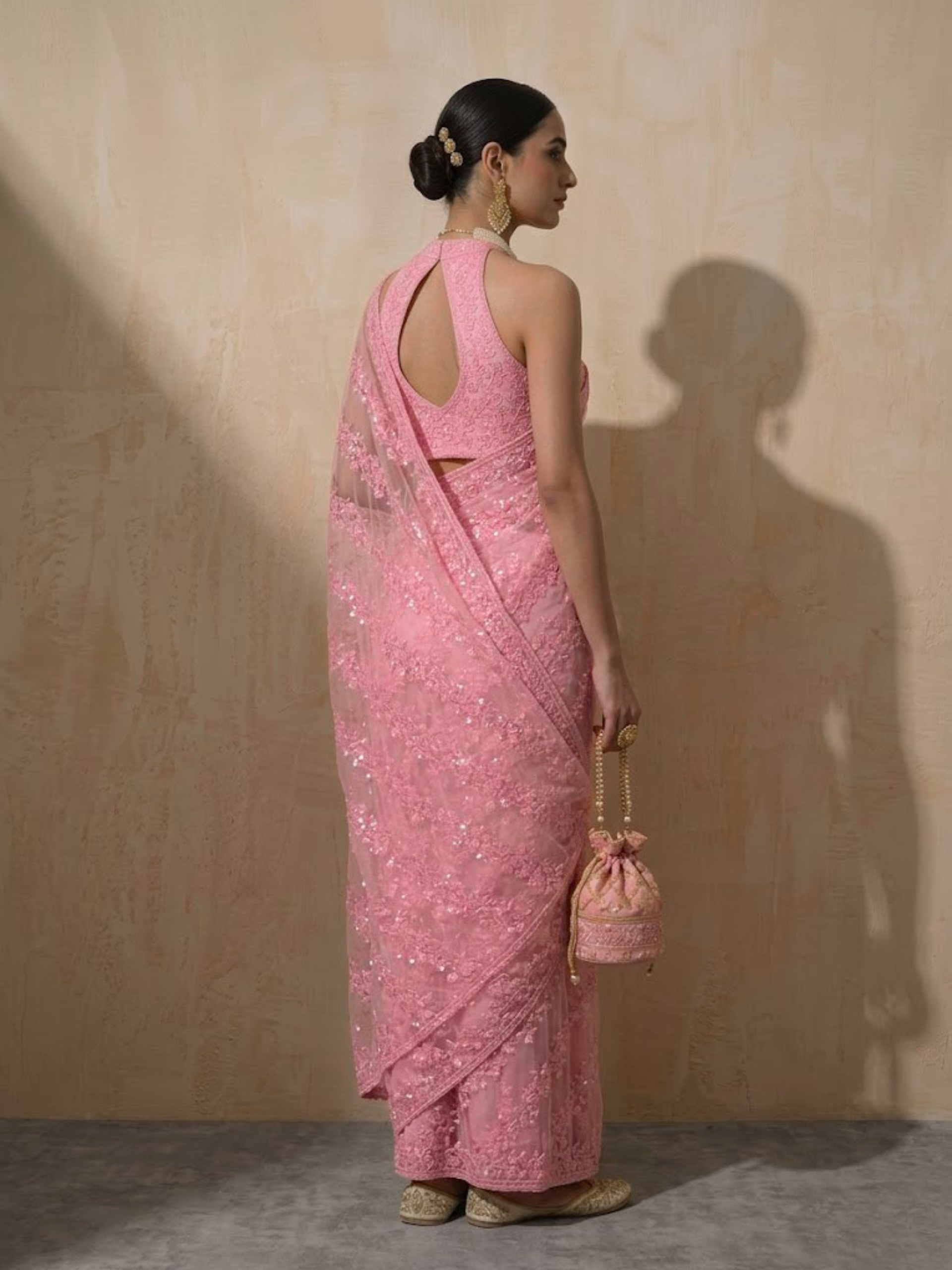 Blush Pink Stripe Lace Saree with Sequin and Blouse Fabric