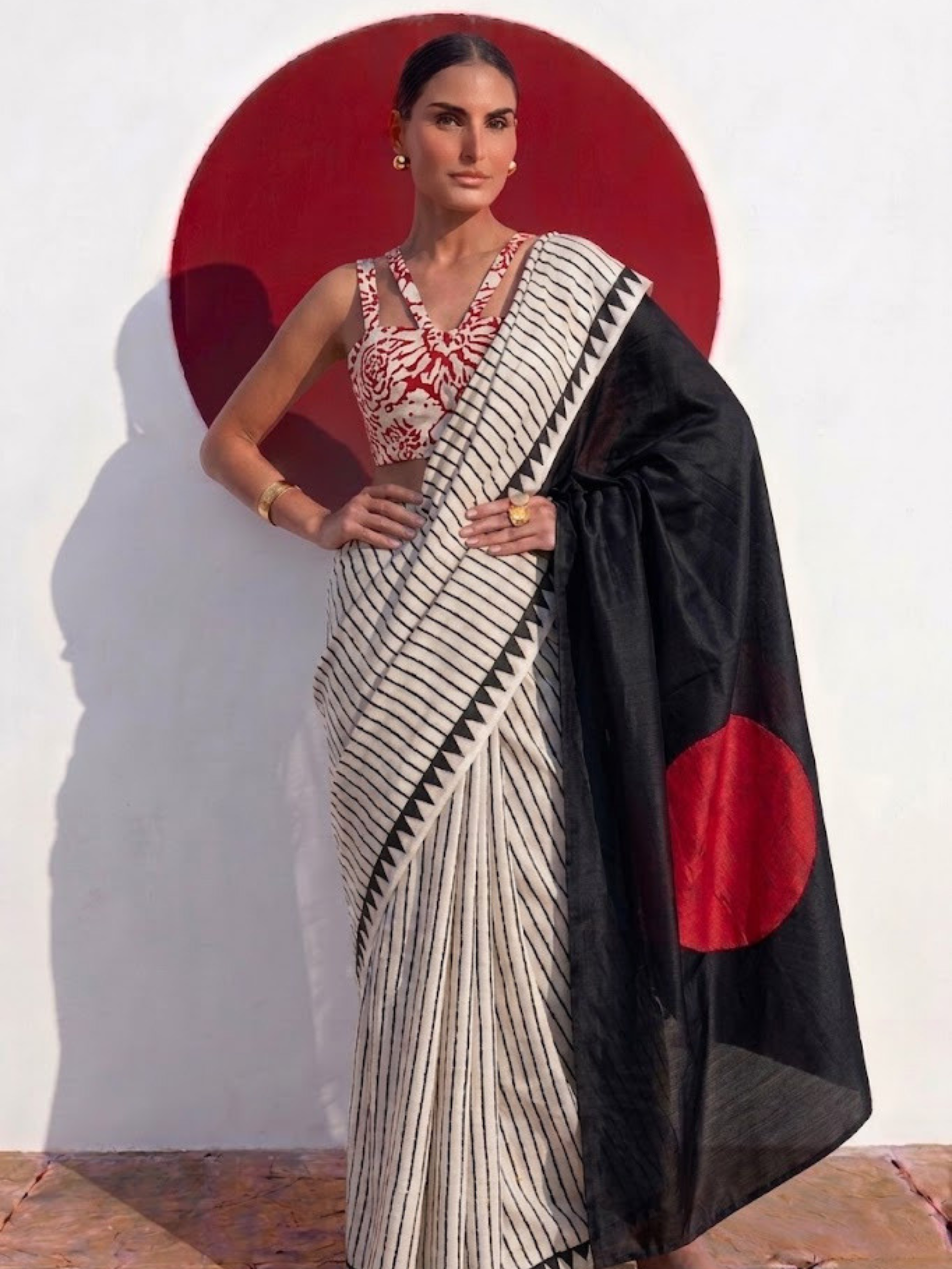 Modal Silk black white Stripe Hand Block Printed Saree with Red dot pallu and Blouse Fabric