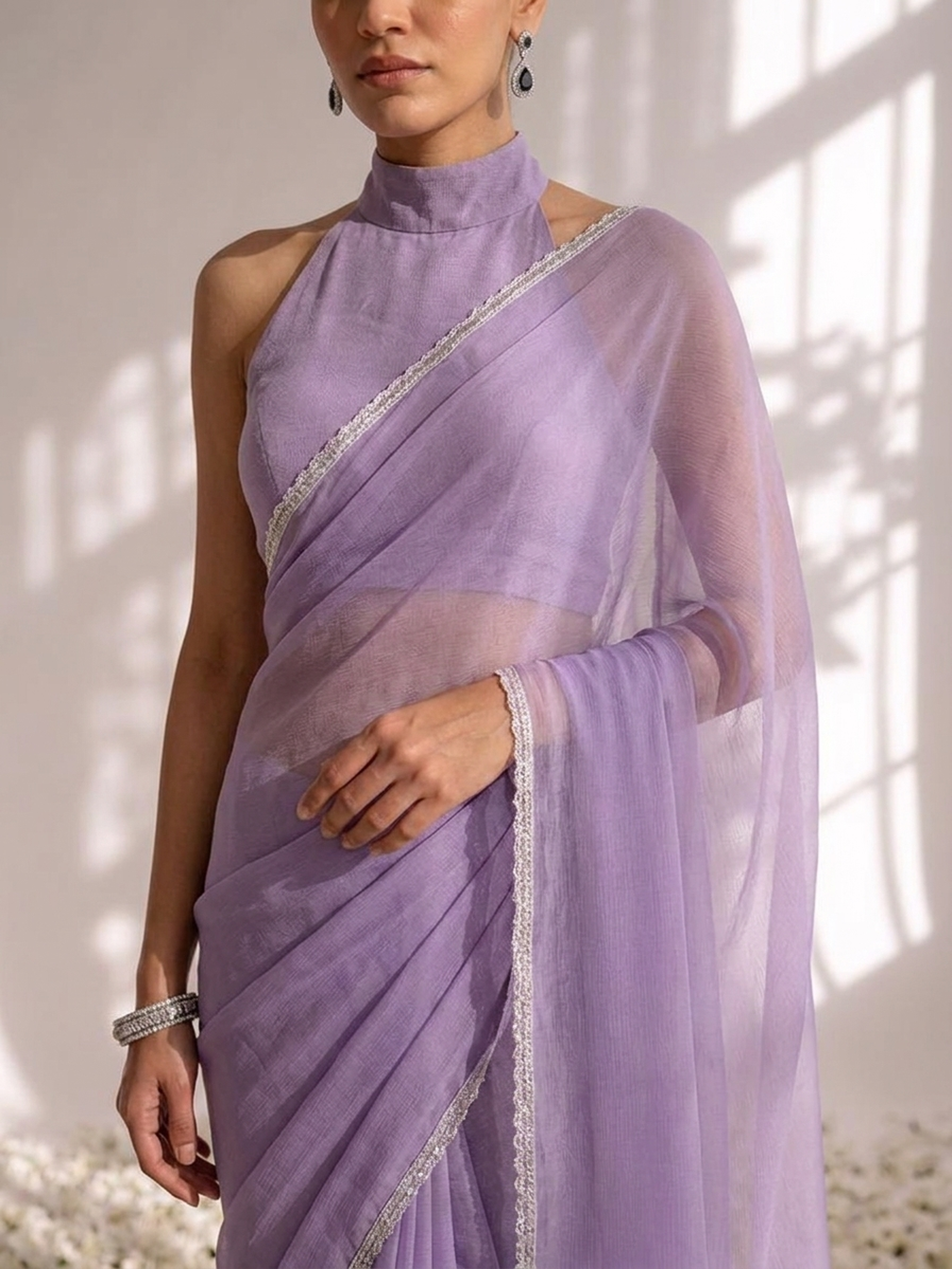 Purple Chiffon Saree with Lace and Self Fabric Blouse