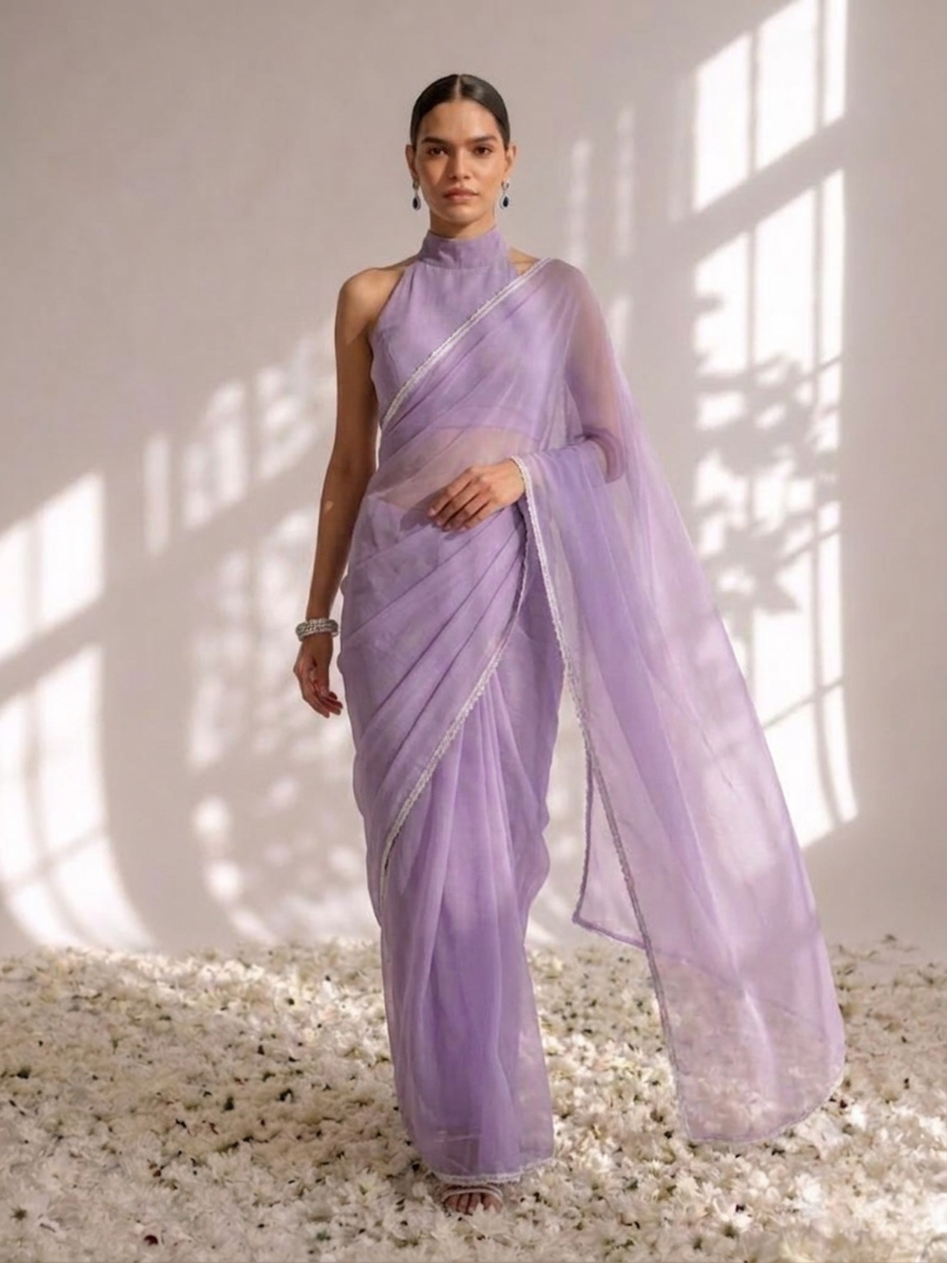 Purple Chiffon Saree with Lace and Self Fabric Blouse