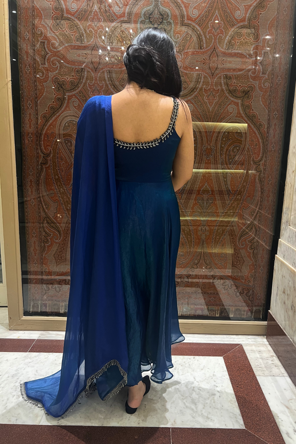 3 Pc Set - Peacock Satin Sleeveless Anarkali Suit with Black Glass Beads Neckline with Pants and Dupatta
