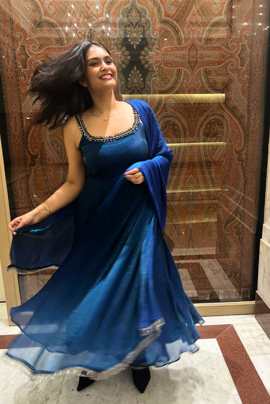 3 Pc Set - Peacock Satin Sleeveless Anarkali Suit with Black Glass Beads Neckline with Pants and Dupatta