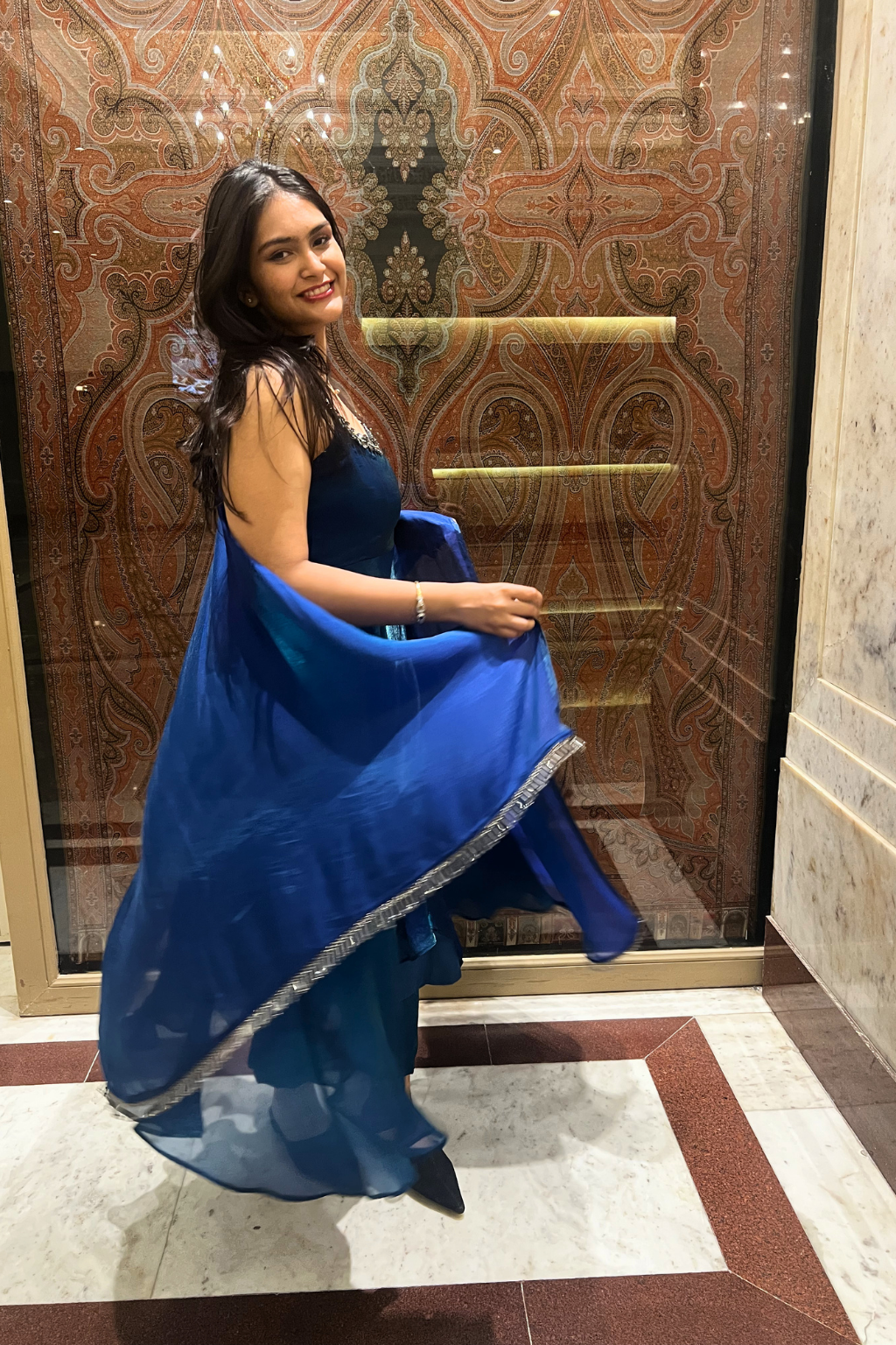 3 Pc Set - Peacock Satin Sleeveless Anarkali Suit with Black Glass Beads Neckline with Pants and Dupatta