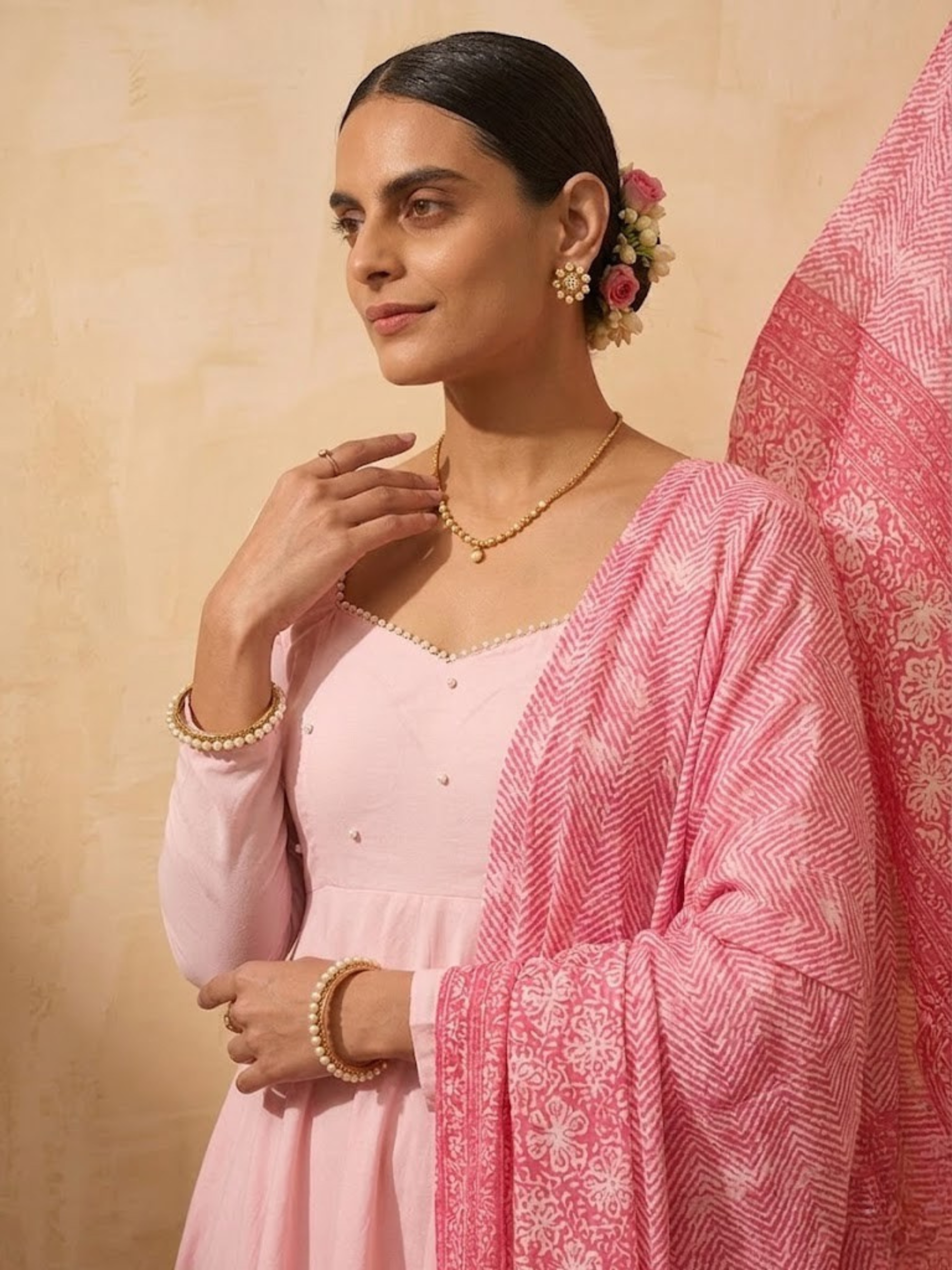 3 Pc Set - Pink Cotton Anarkali with Pearls and Pink Printed Dupatta