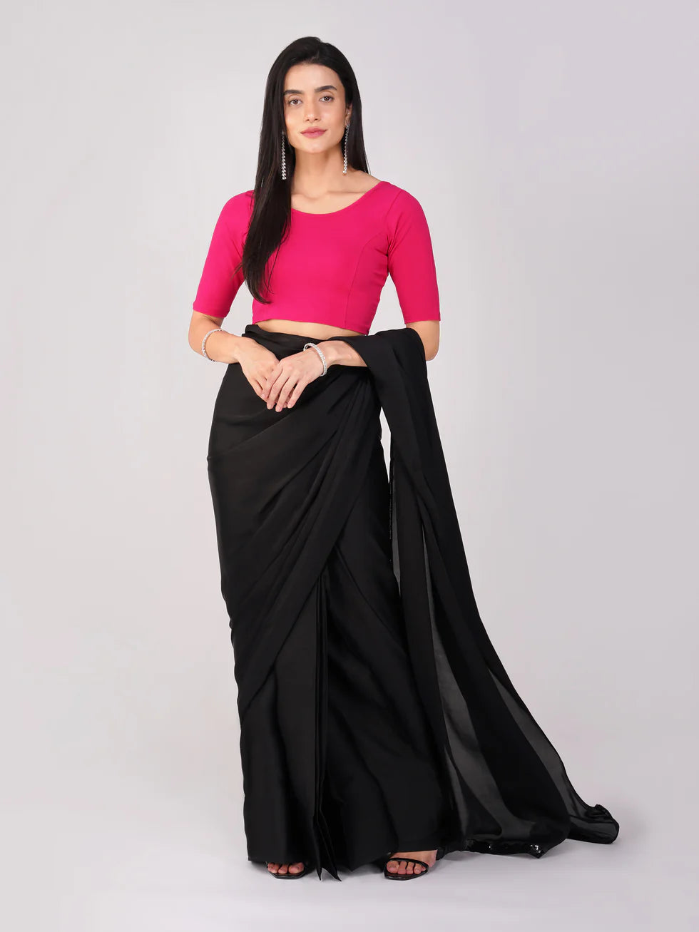 Women’s Black Satin Saree with Pink Stretchy Blouse | 2 Pc Set, No Border, Stitched Blouse, Chic Indian Wear