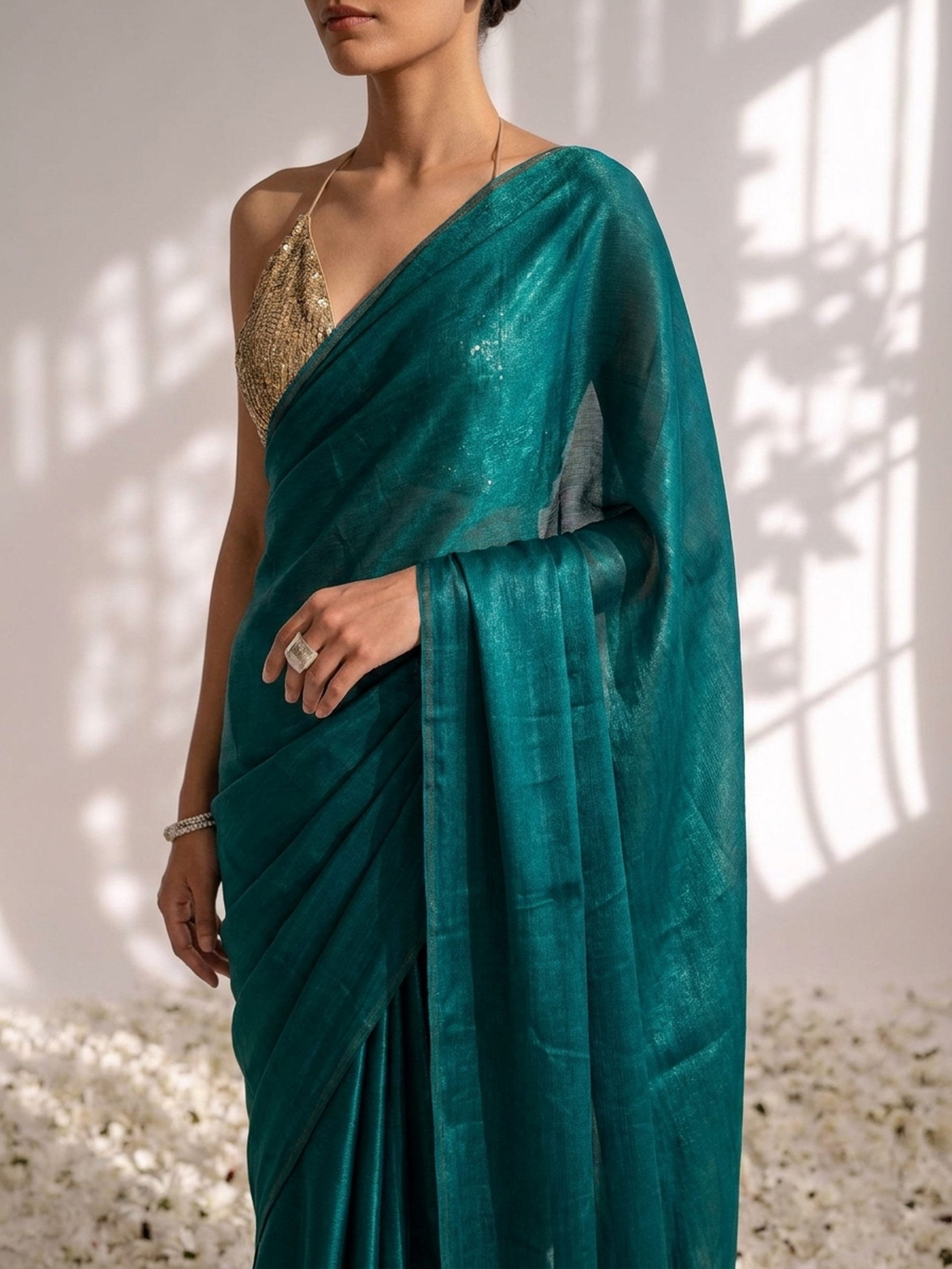 Green metallic satin saree with pendants and blouse fabric — view 4