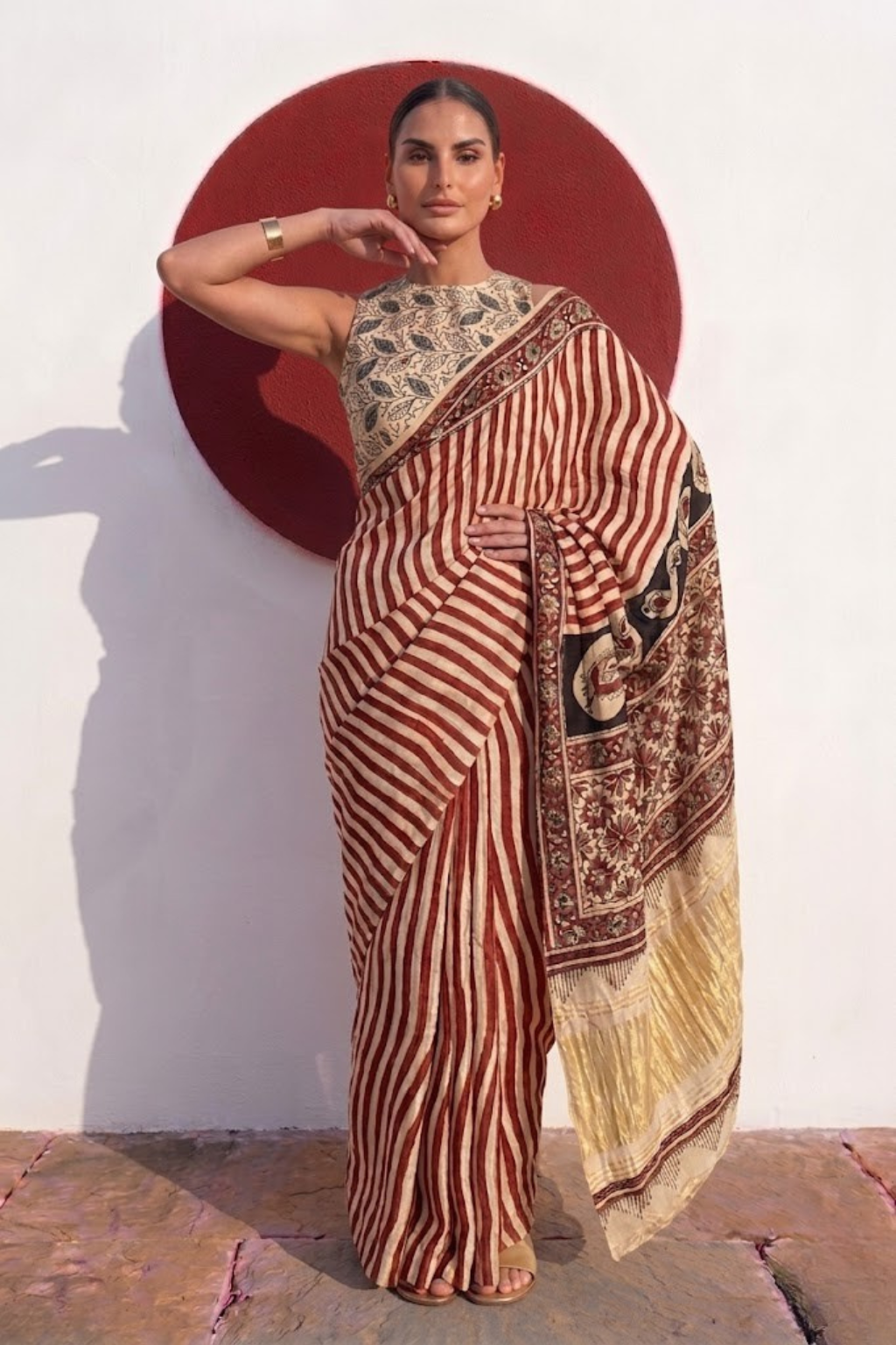 Gajji Silk Hand Block Red Stripe Printed Saree with Blouse Fabric