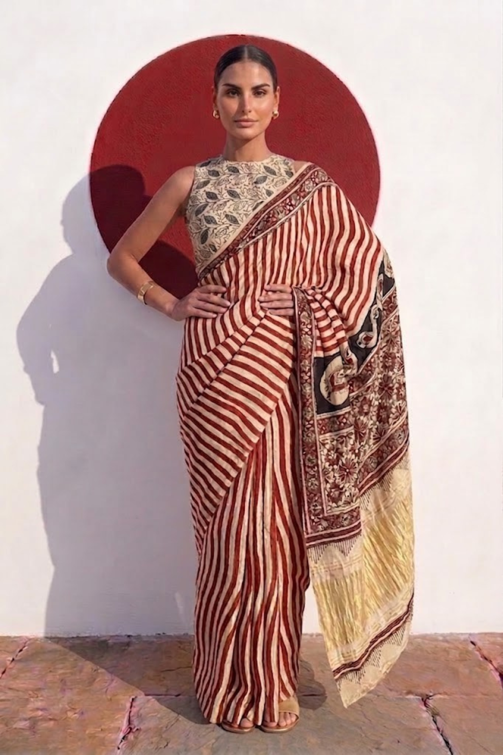 Gajji Silk Hand Block Red Stripe Printed Saree with Blouse Fabric