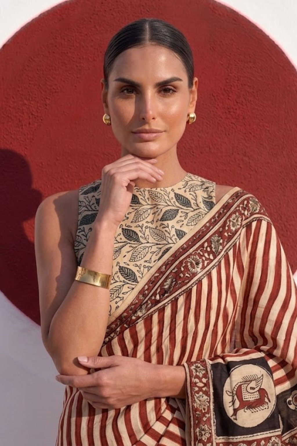 Gajji Silk Hand Block Red Stripe Printed Saree with Blouse Fabric