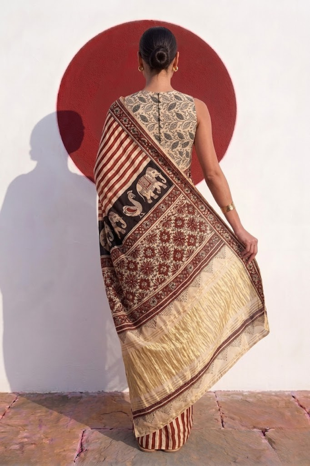 Gajji Silk Hand Block Red Stripe Printed Saree with Blouse Fabric