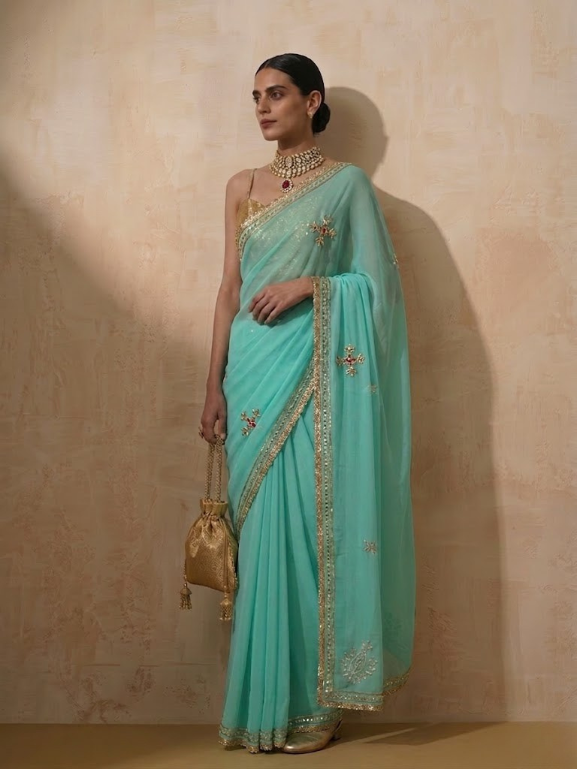 Blue Chiffon Saree with Gota Patti Handwork Patches with Self Fabric Blouse