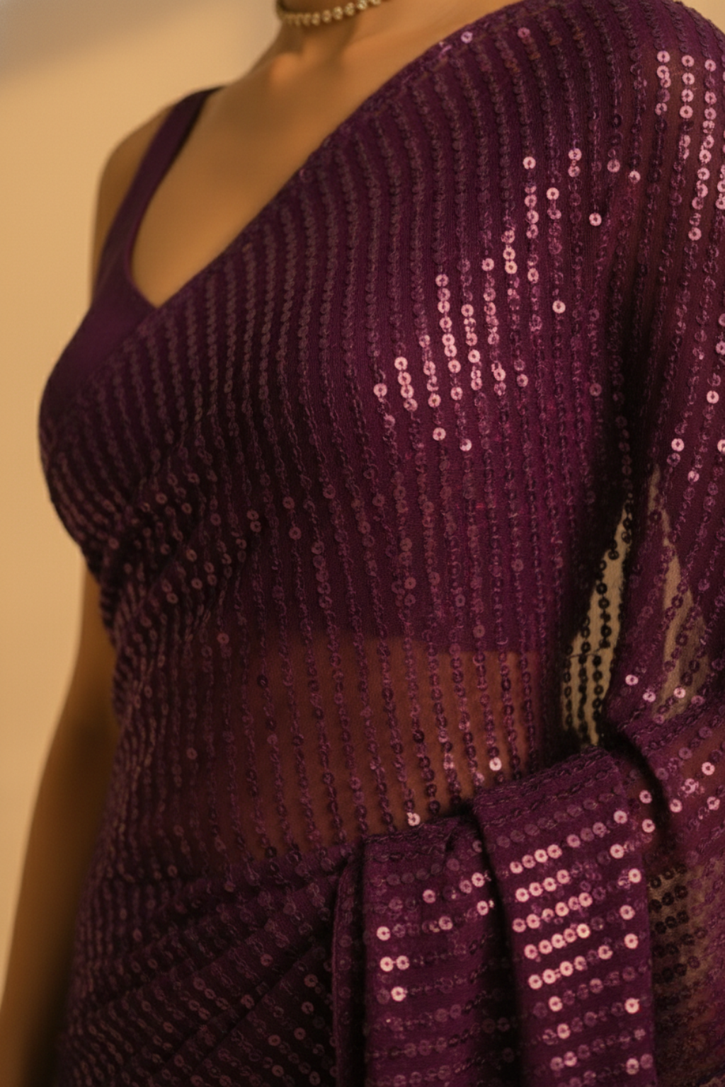 Wine Knitted Sequin Saree with Blouse Fabric