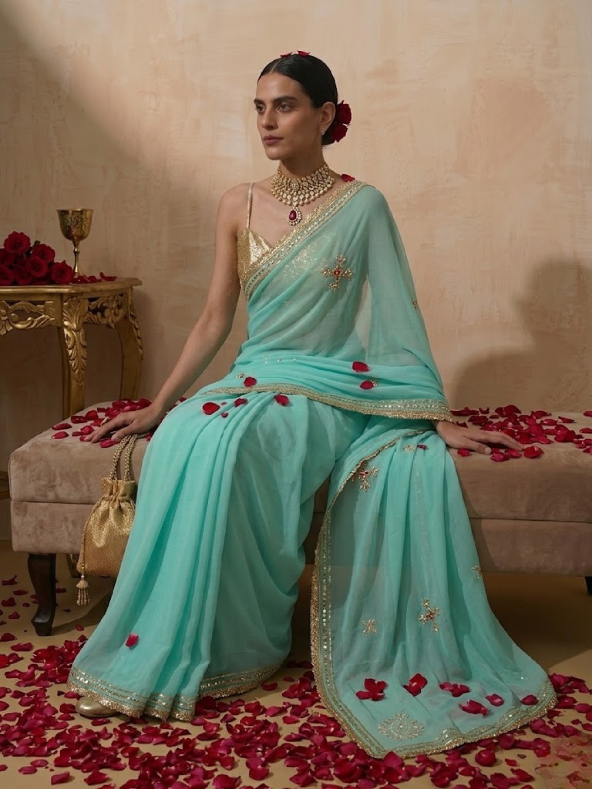 Blue Chiffon Saree with Gota Patti Handwork Patches with Self Fabric Blouse
