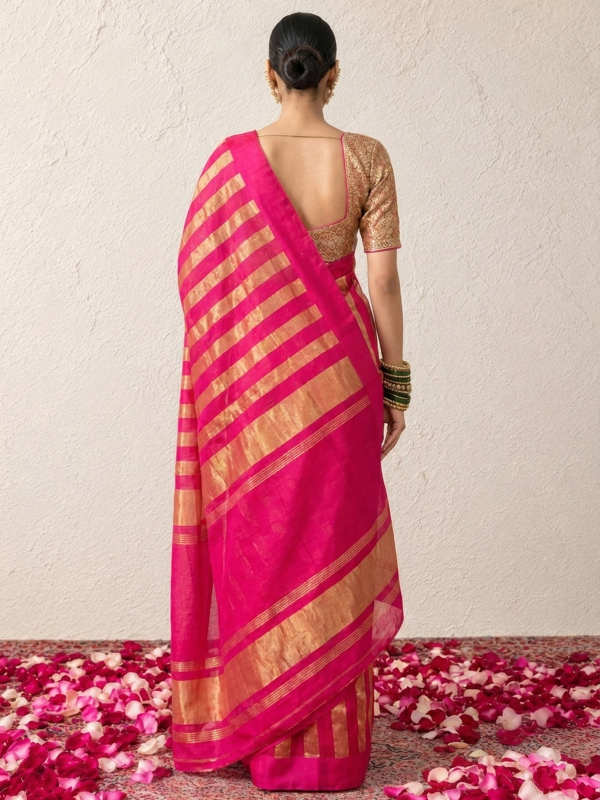 Dhoop Chaun Pure Silk Tissue Pink Gold Stripes Saree with Mashru Border and Blouse Fabric