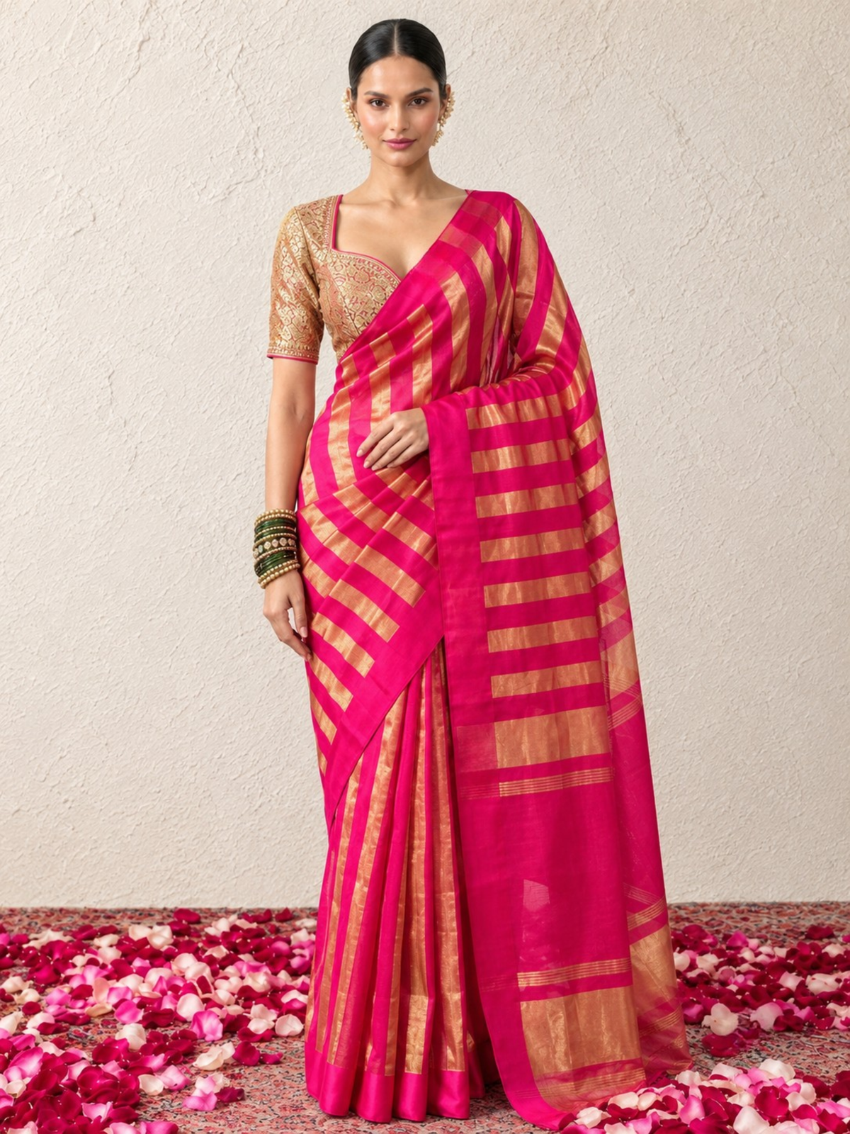 Dhoop Chaun Pure Silk Tissue Pink Gold Stripes Saree with Mashru Border and Blouse Fabric