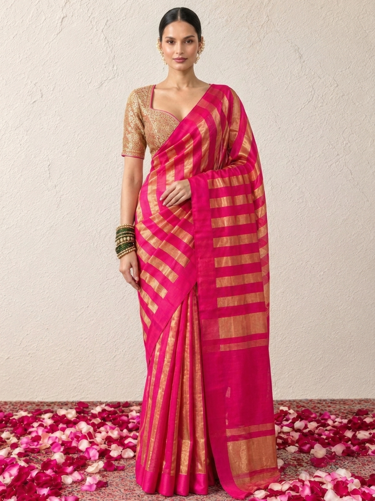 Dhoop Chaun Pure Silk Tissue Pink Gold Stripes Saree with Mashru Border and Blouse Fabric