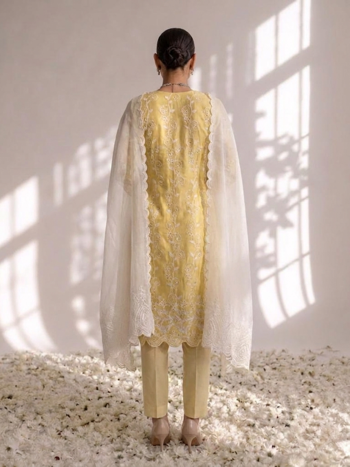 Sunshine yellow cotton allover embroidered Schiffli sleeveless kurta with pants — view 5
