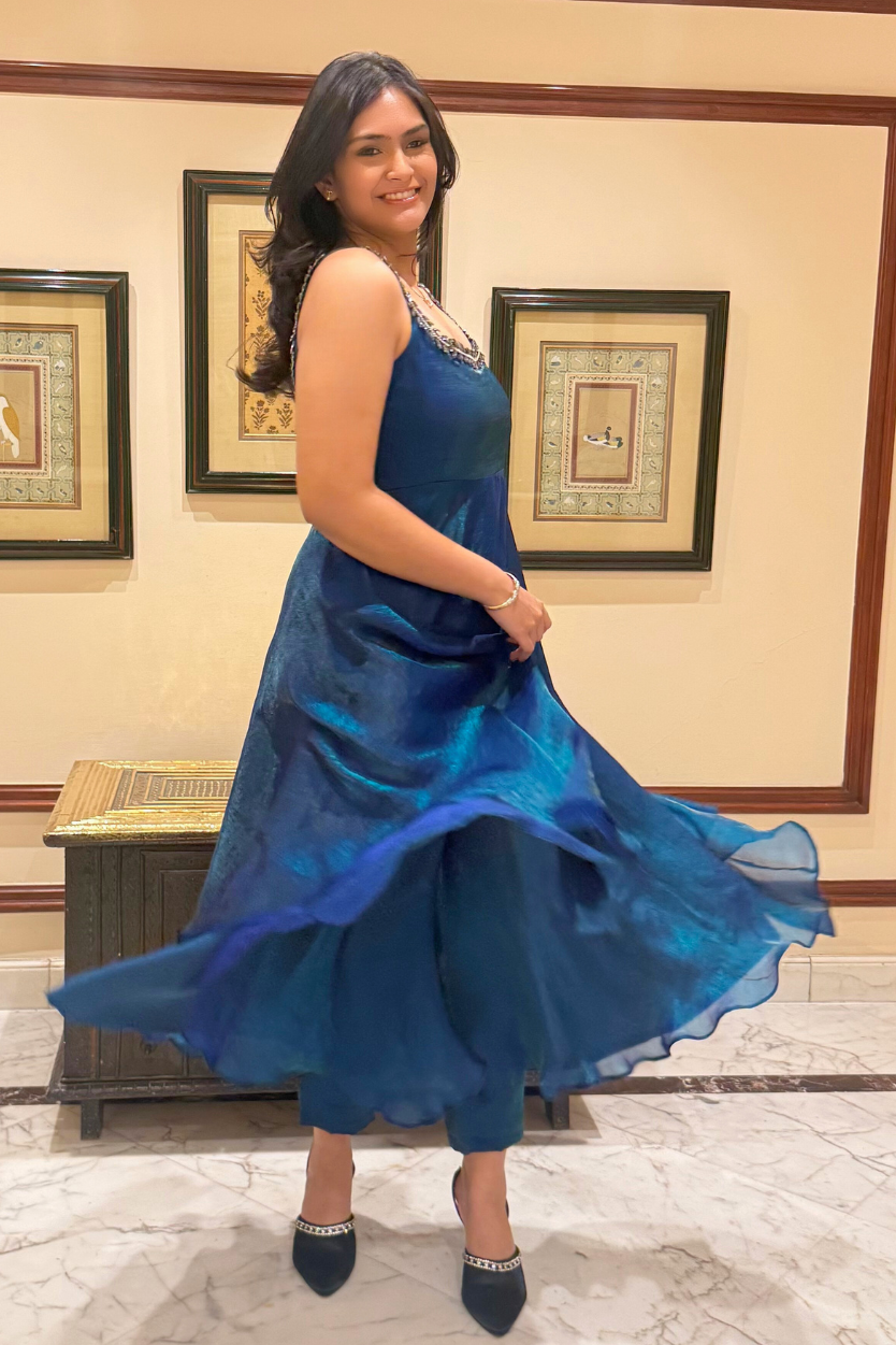 3 Pc Set - Peacock Satin Sleeveless Anarkali Suit with Black Glass Beads Neckline with Pants and Dupatta