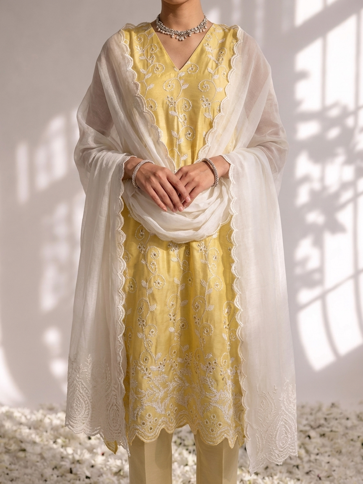 Sunshine yellow cotton allover embroidered Schiffli sleeveless kurta with pants — view 4