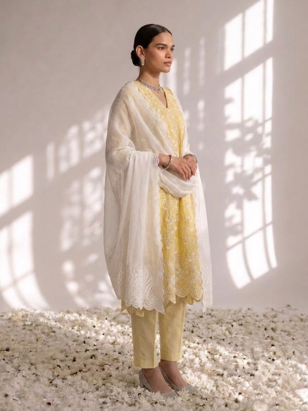 Sunshine yellow cotton allover embroidered Schiffli sleeveless kurta with pants — view 2