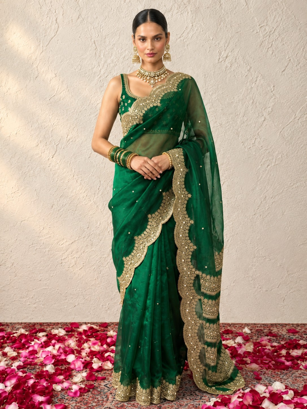 Green and Gold Scallop Banarasi Tissue Saree with Pearls and Blouse Fabric