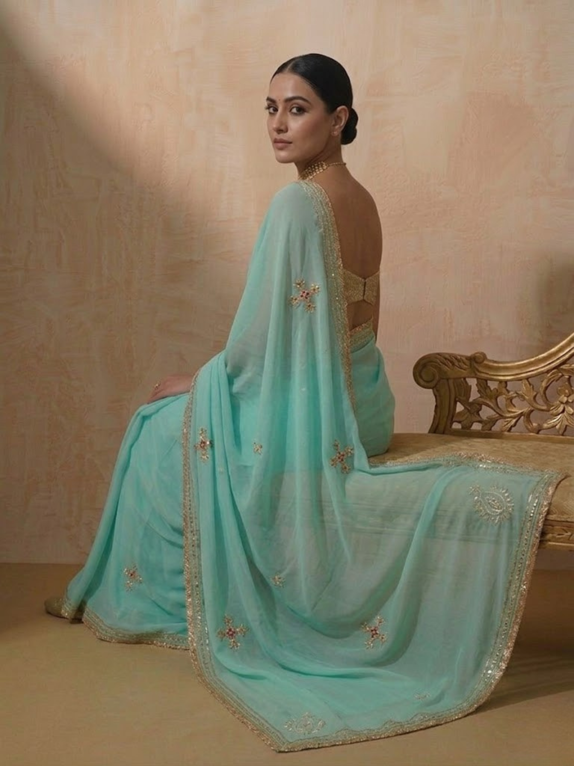 Blue Chiffon Saree with Gota Patti Handwork Patches with Self Fabric Blouse