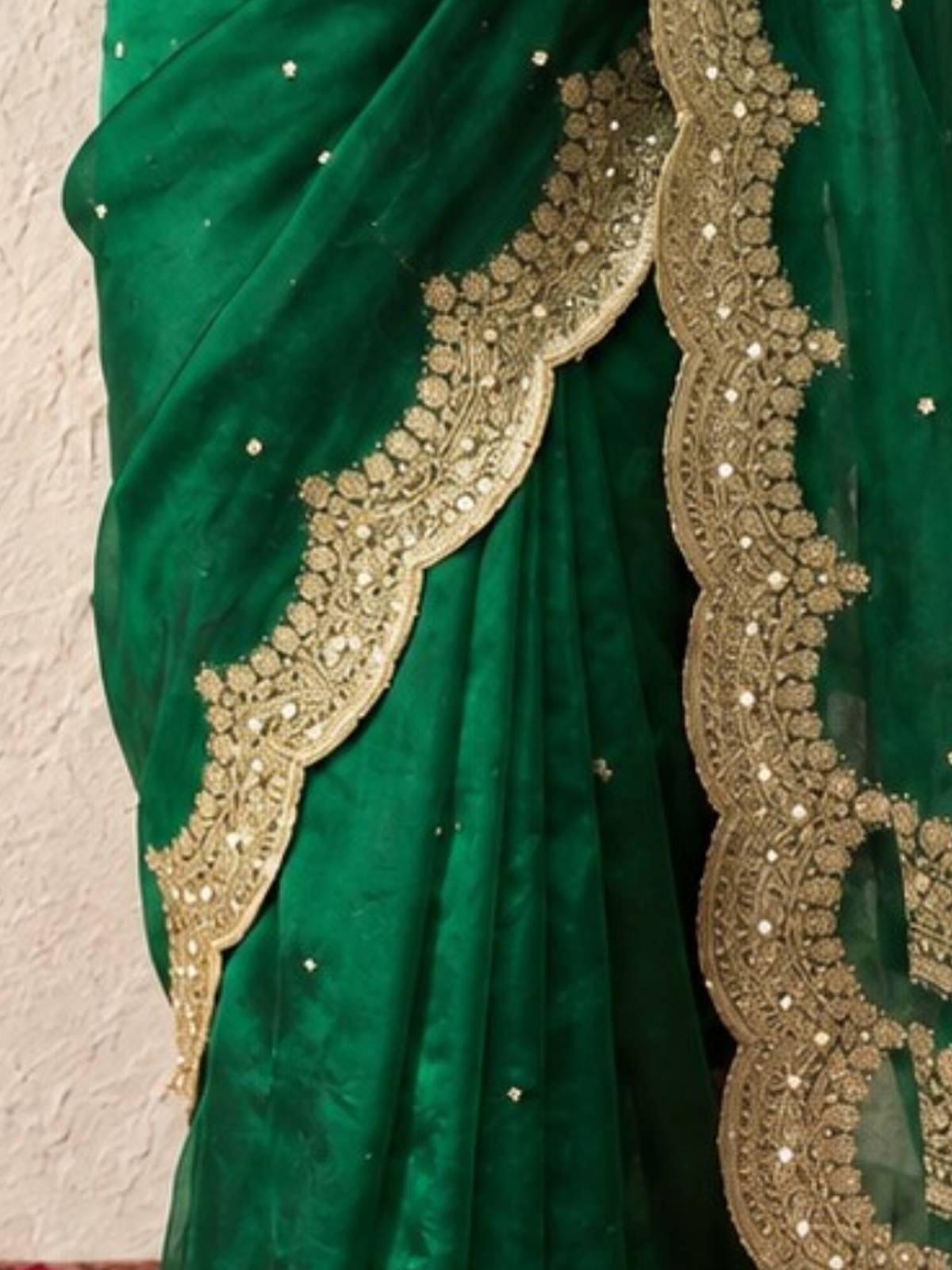 Green and Gold Scallop Banarasi Tissue Saree with Pearls and Blouse Fabric