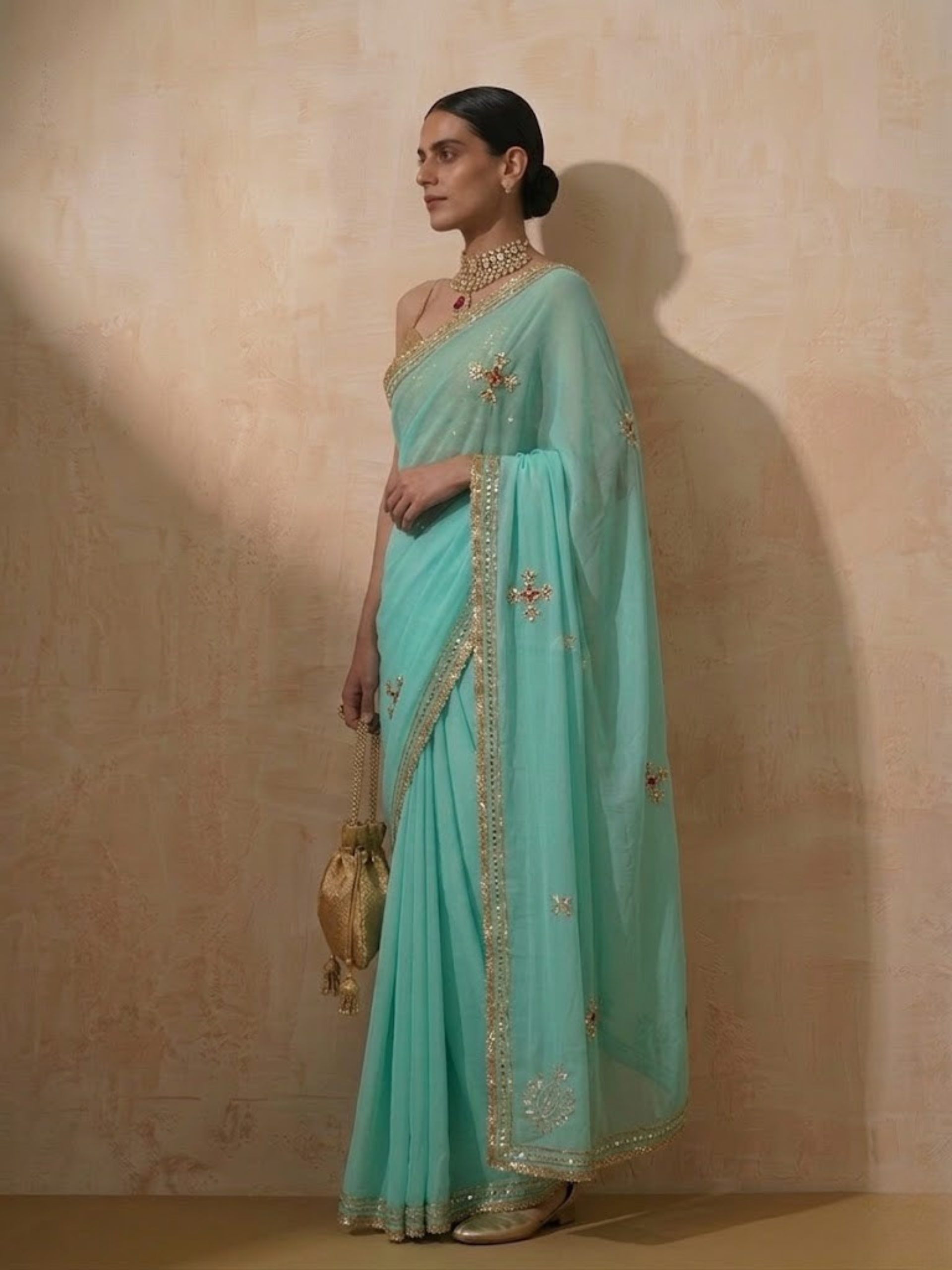 Blue Chiffon Saree with Gota Patti Handwork Patches with Self Fabric Blouse