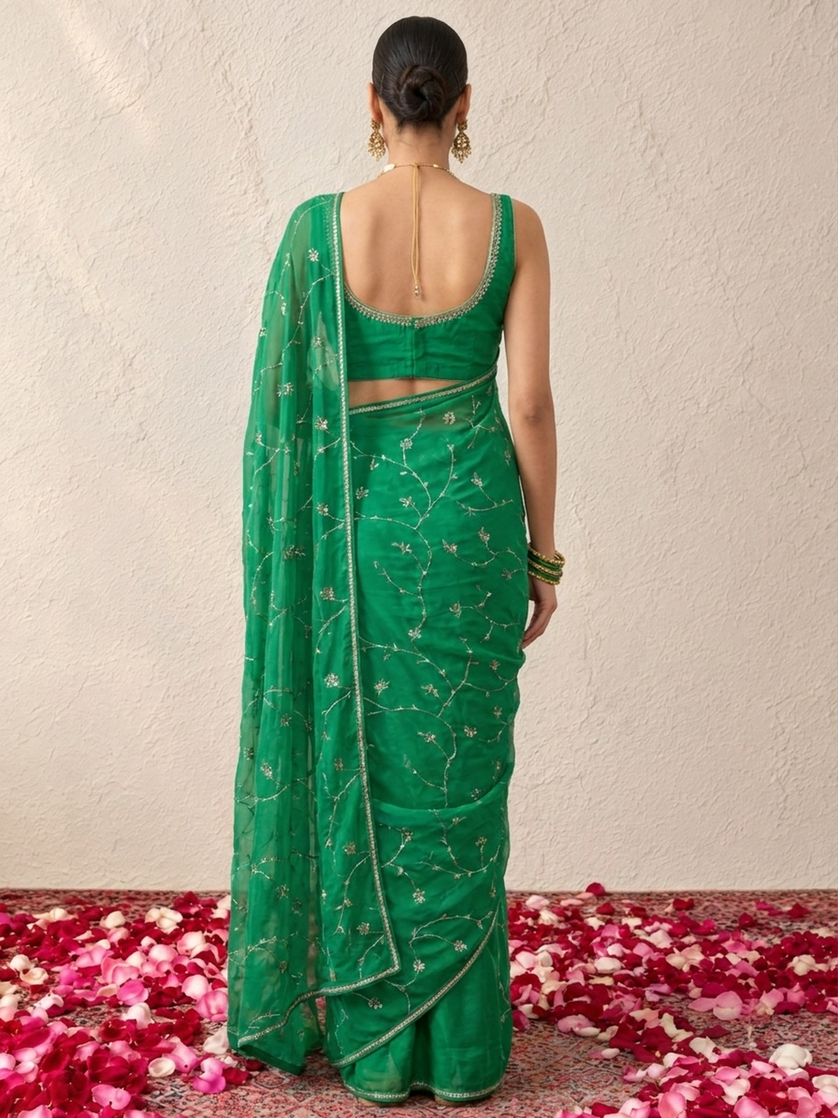 Blue Green Ombre Silk Chiffon Saree with Allover Hand Embroidery with Crepe Blouse Fabric