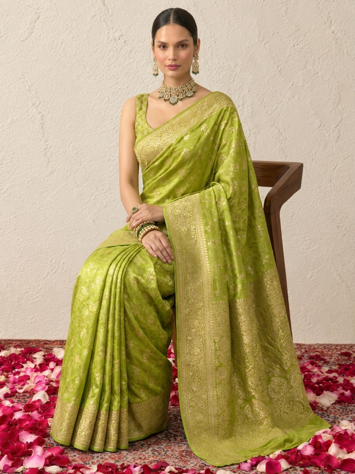 Green and Gold Silver Pure Silk Saree with Meenakari and Blouse Fabric