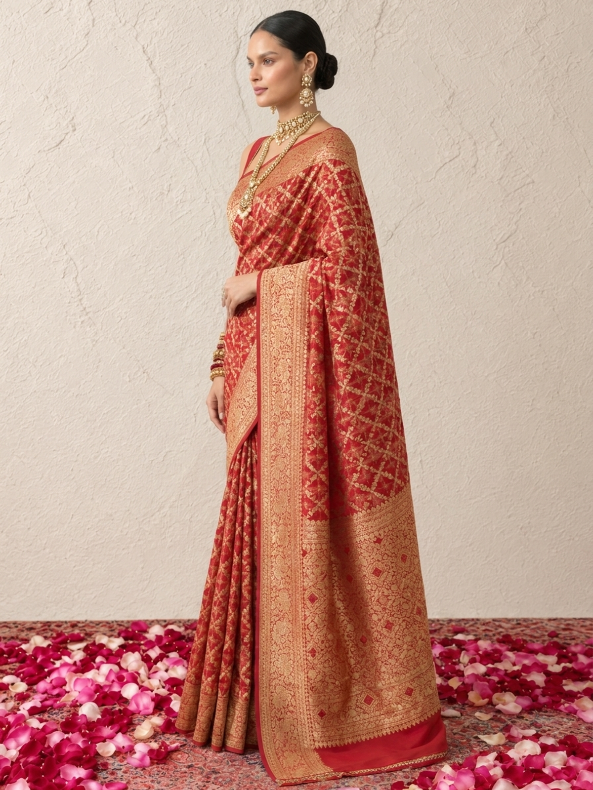 Maroon Khaddi Georgette with Green Pink Orange Design and Blouse Fabric