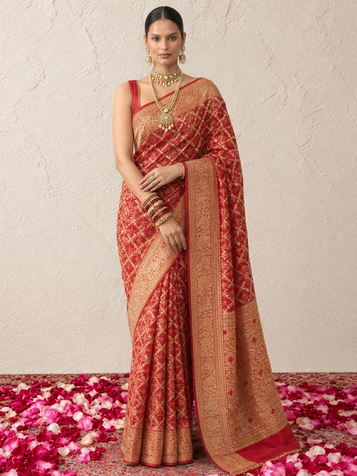 Maroon Khaddi Georgette with Green Pink Orange Design and Blouse Fabric