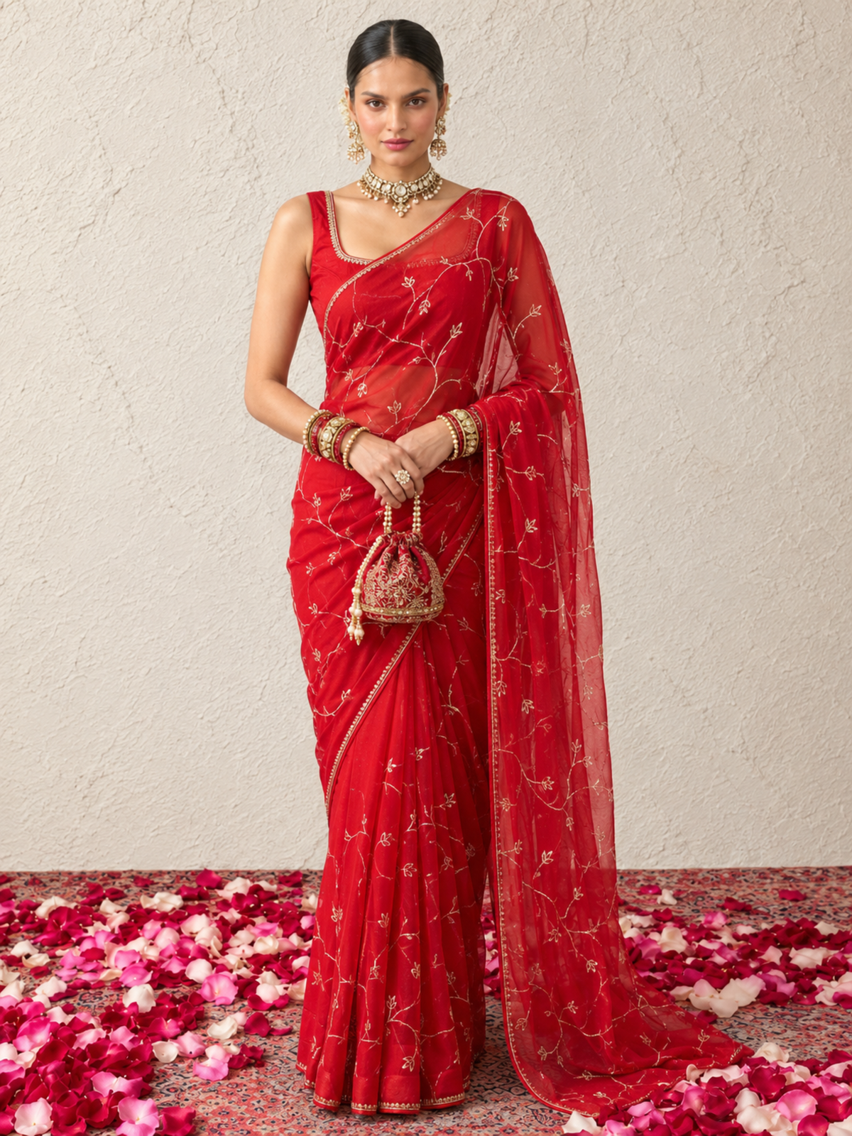 Red Pink Ombre Silk Chiffon Saree with Allover Hand Embroidery with Crepe Blouse Fabric