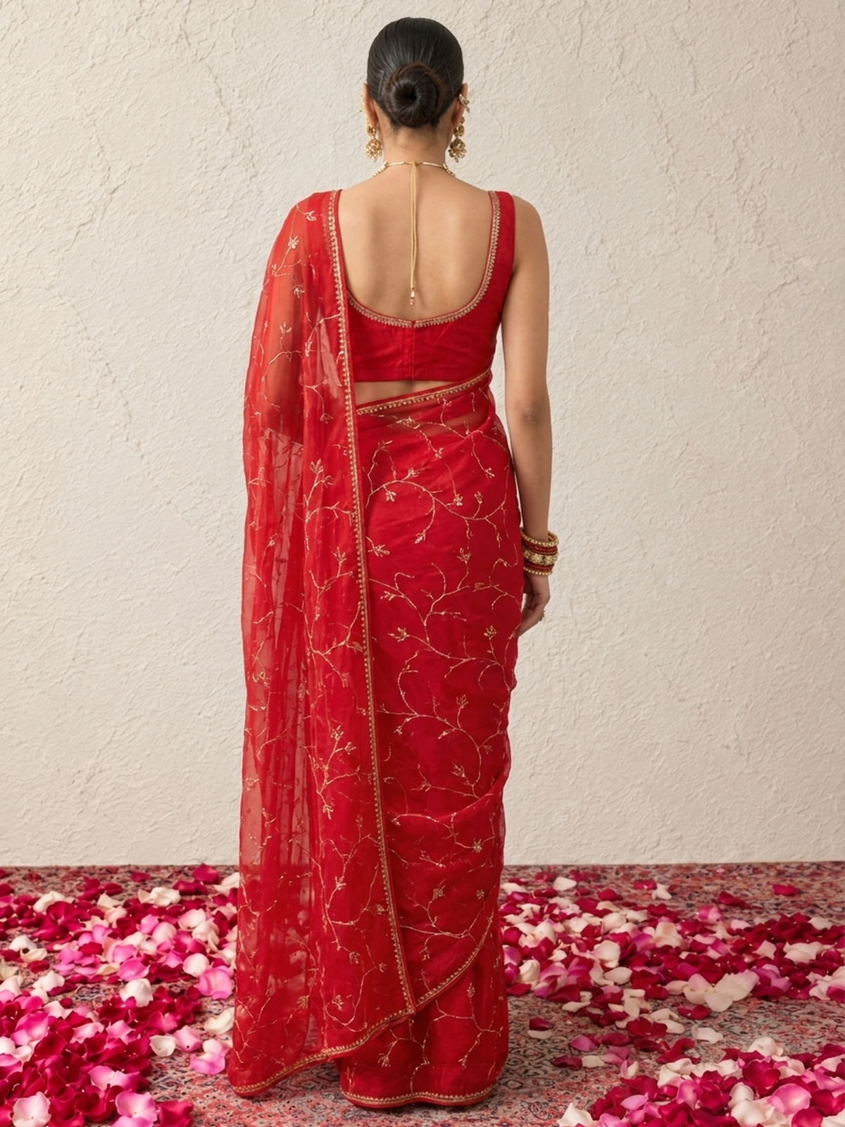 Red Pink Ombre Silk Chiffon Saree with Allover Hand Embroidery with Crepe Blouse Fabric