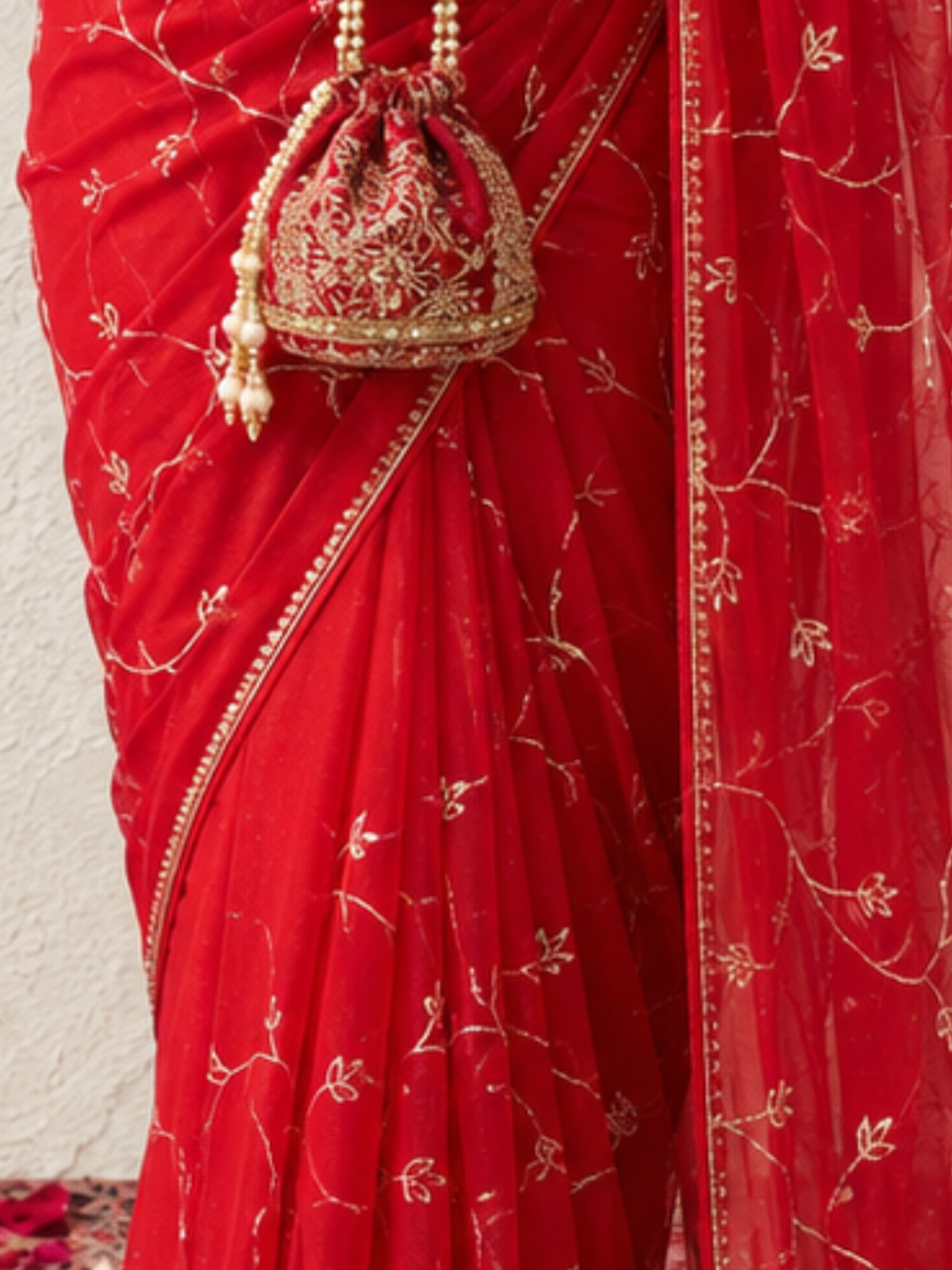 Red Pink Ombre Silk Chiffon Saree with Allover Hand Embroidery with Crepe Blouse Fabric