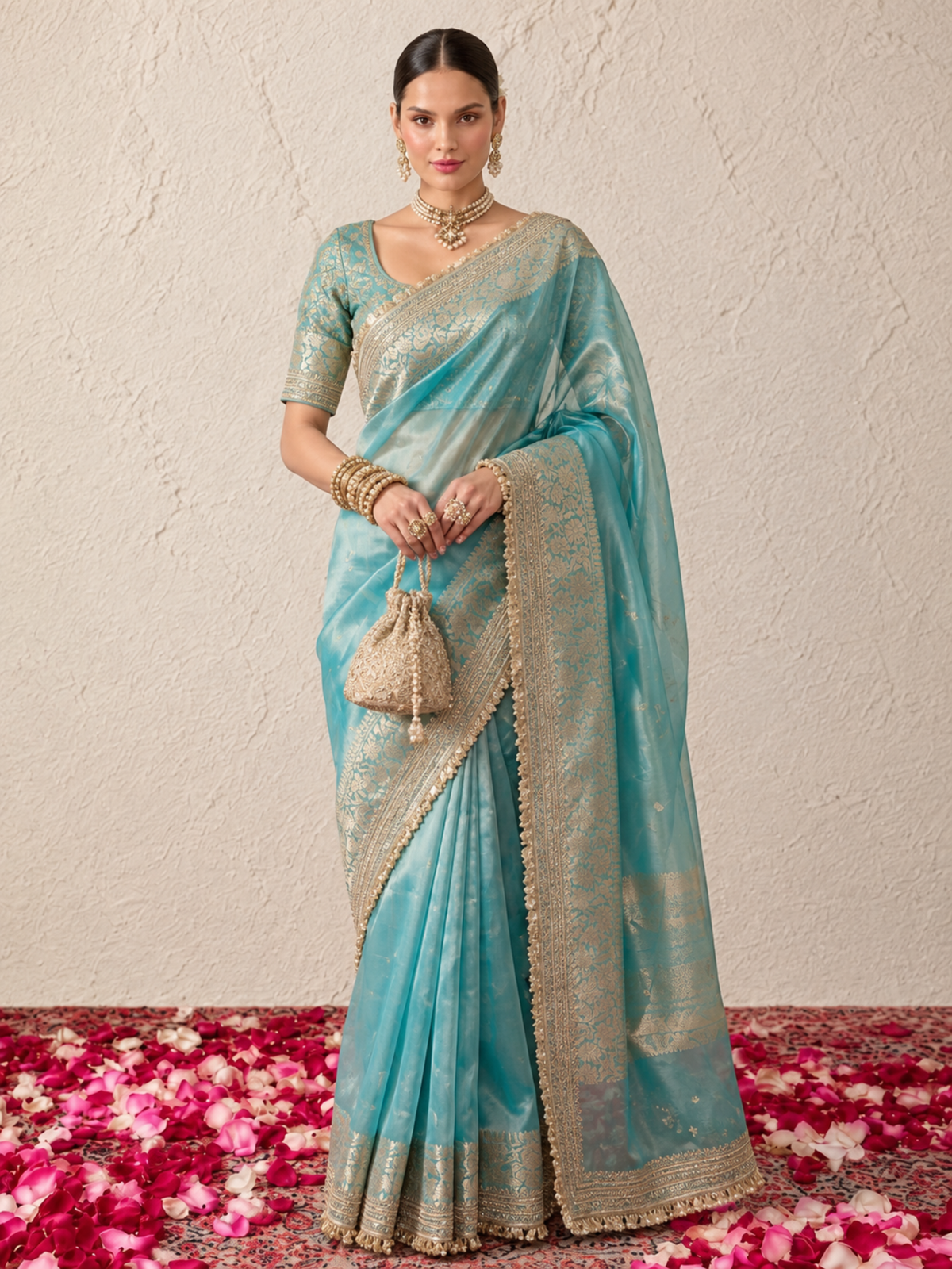 Blue and Gold Banarasi Tissue Saree with Laces and Blouse Fabric