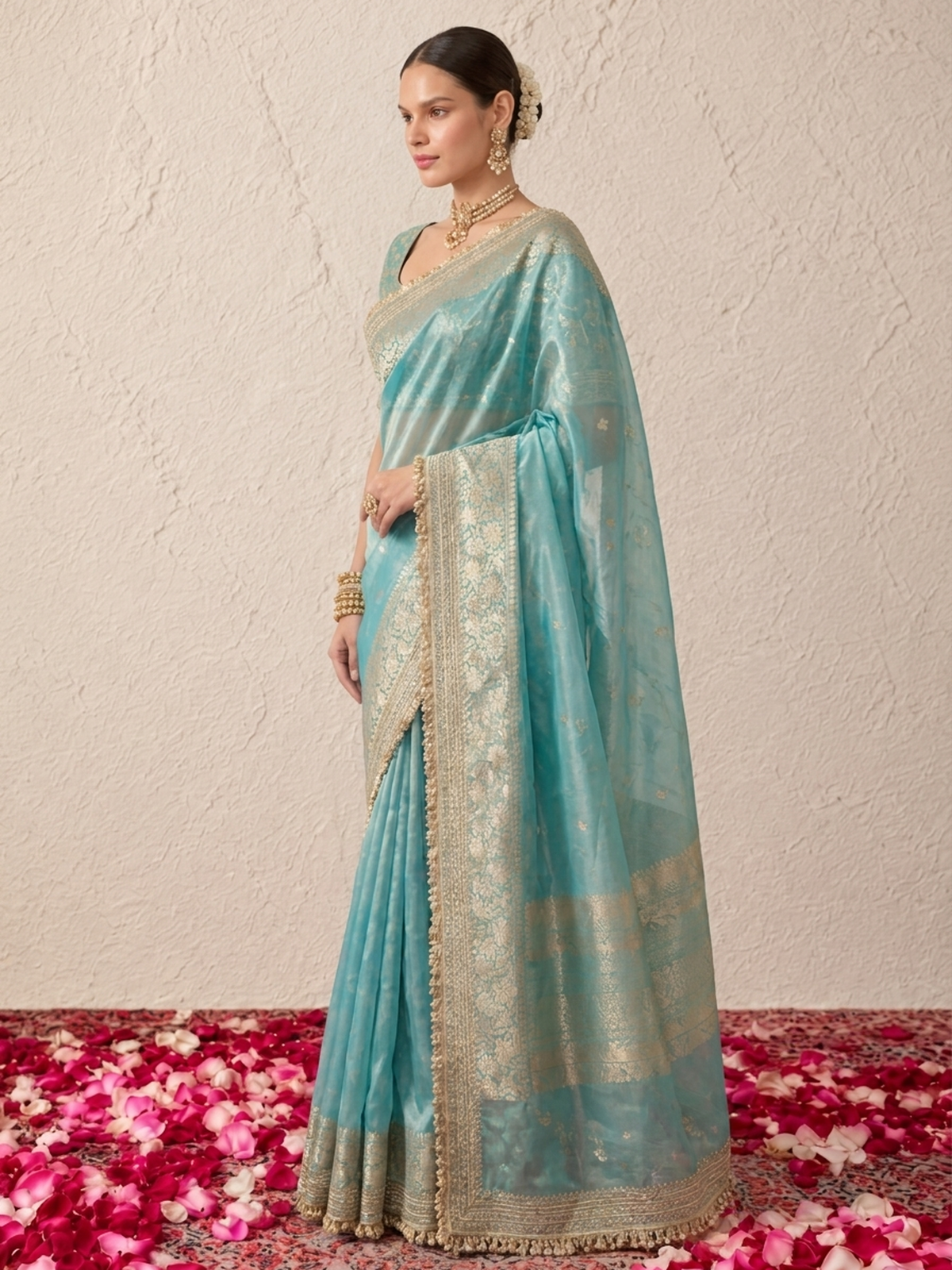 Blue and Gold Banarasi Tissue Saree with Laces and Blouse Fabric
