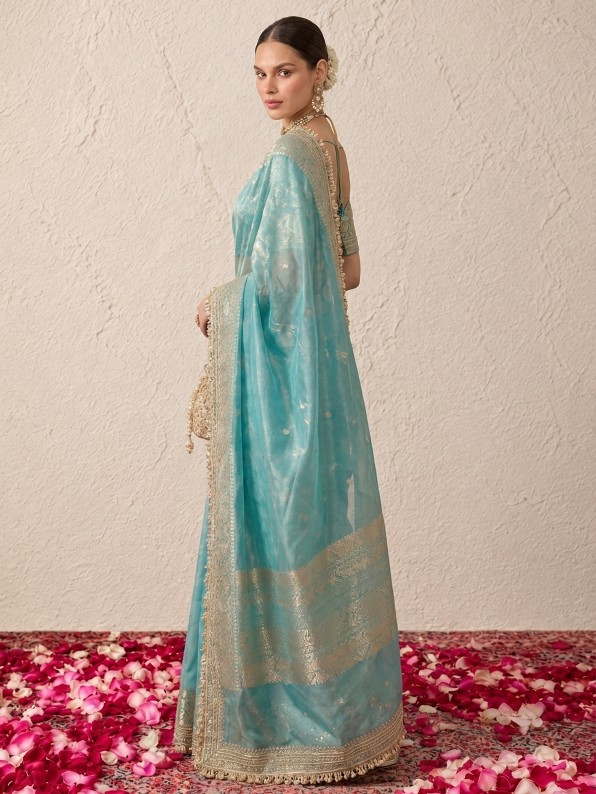 Blue and Gold Banarasi Tissue Saree with Laces and Blouse Fabric